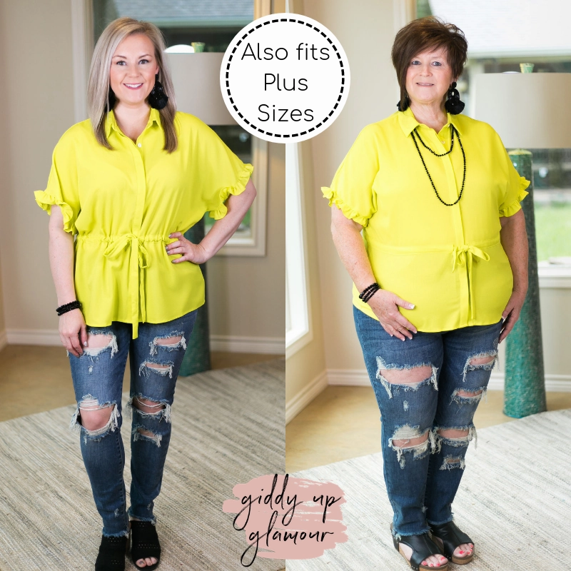 AbrasionResistantClothing Last Chance Size Small | Double Take Button Down Top with Drawstring Waist and Ruffled Sleeves in Lime Green