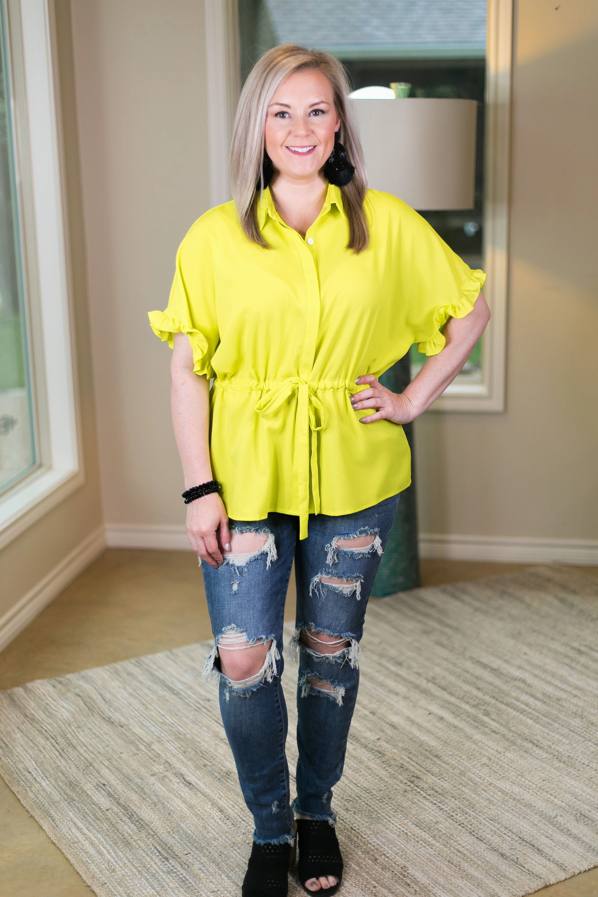 Last Chance Size Small | Double Take Button Down Top with Drawstring Waist and Ruffled Sleeves in Lime Green Sport Glow