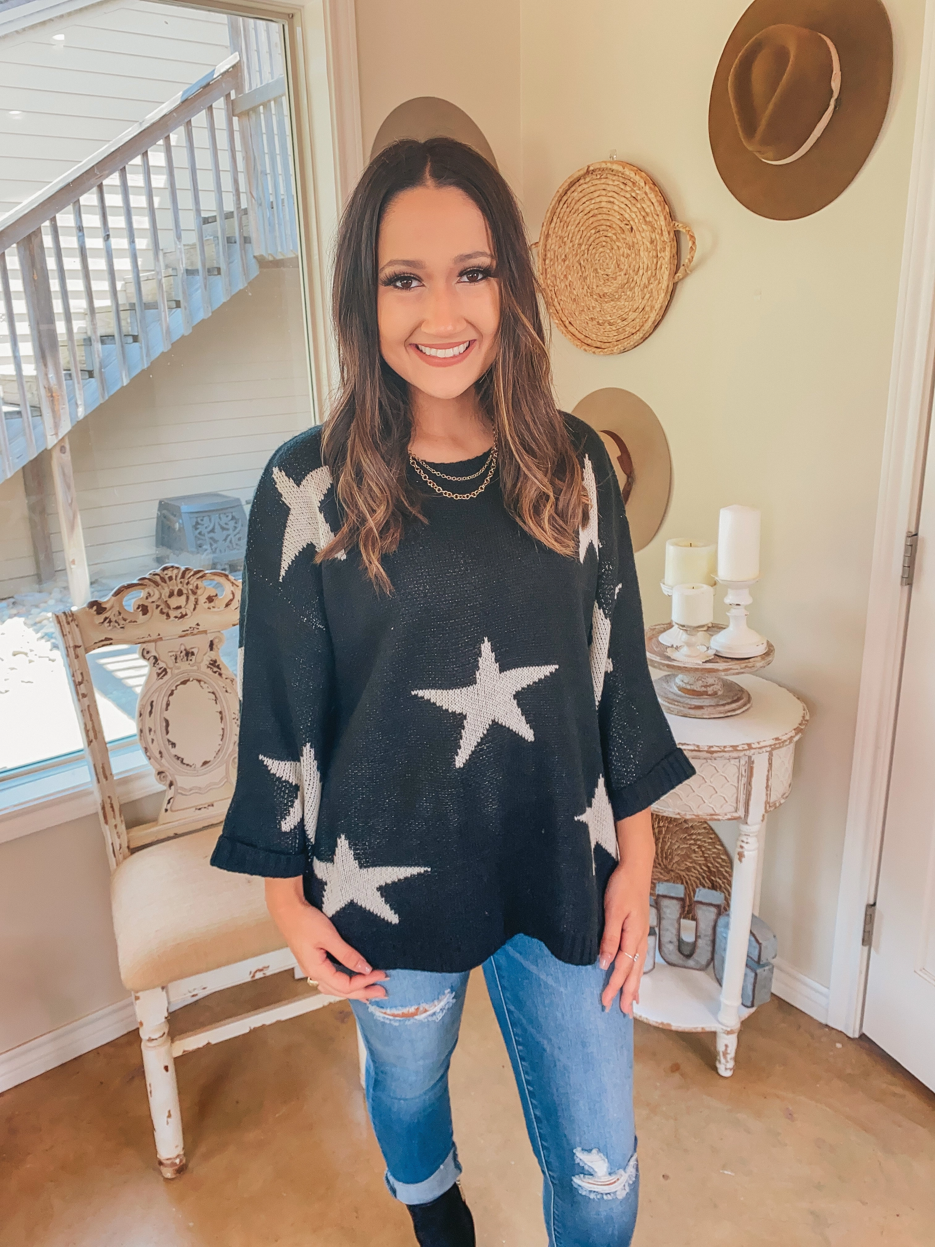Brightest Dreams Star Print Oversized Sweater in Black Fire Core Graceful Design