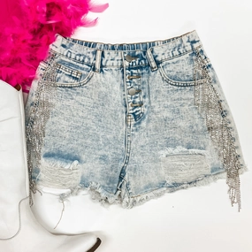 Comfortable Jacket ThermalRegulatingFabric Broadway Girls Crystal Fringe Distressed Denim Shorts in Light Wash