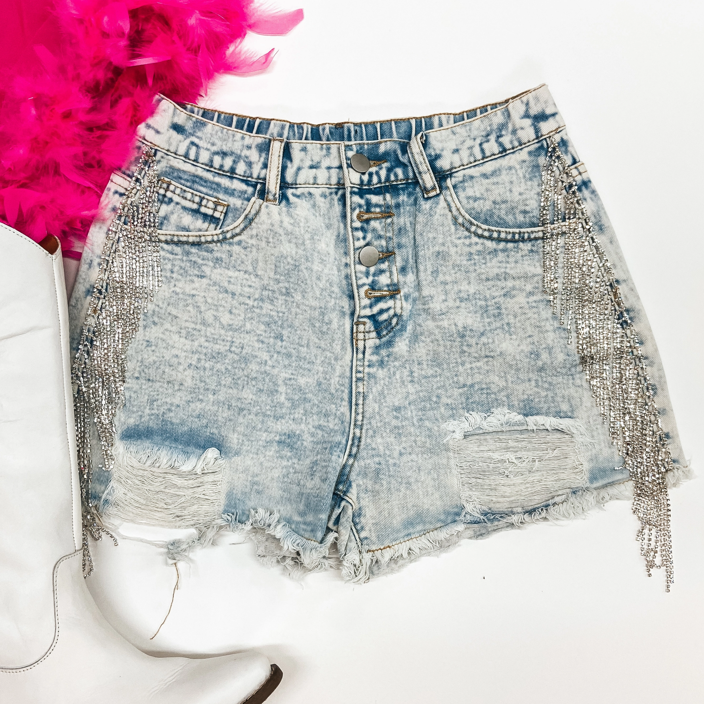 Broadway Girls Crystal Fringe Distressed Denim Shorts in Light Wash SlipResistantWaistband