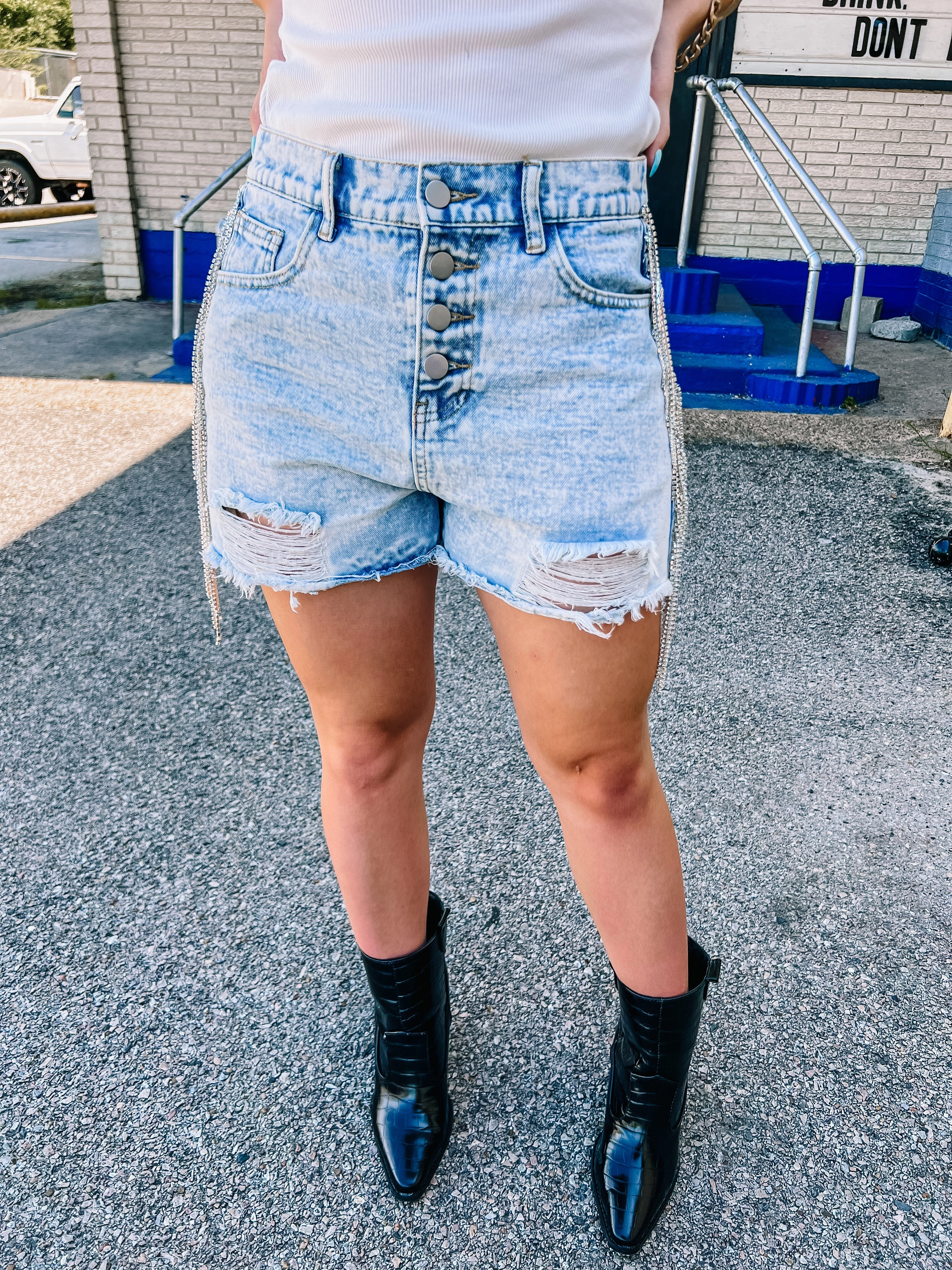 Love Energy Thick Glow Broadway Girls Crystal Fringe Distressed Denim Shorts in Light Wash