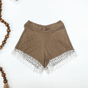 Soft Sweater Adjustable Straps Brown Shorts with Lace Trim