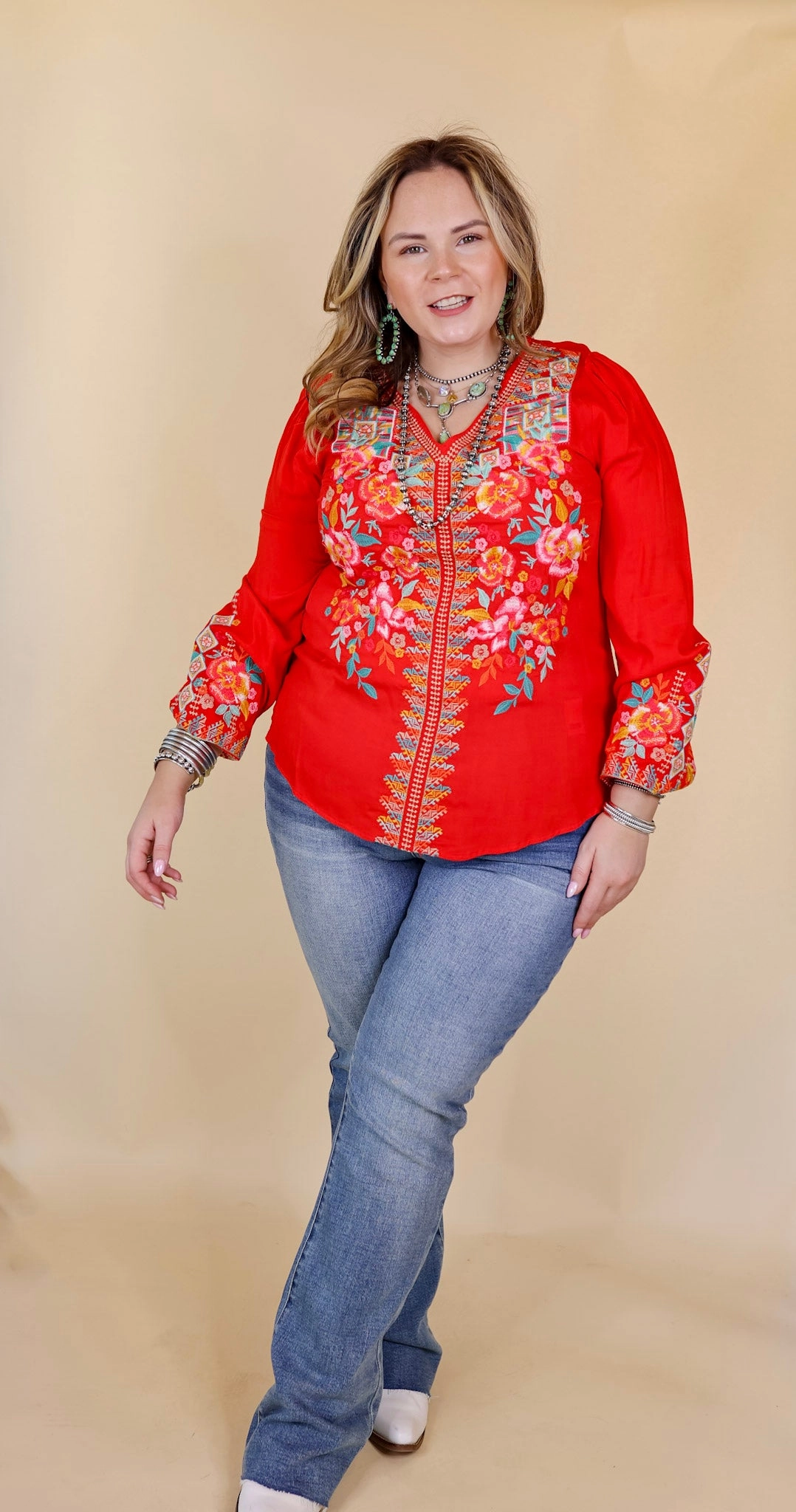 ButtonDownCollar Brunch With Me Long Sleeve Embroidered Top with V Neckline in Red