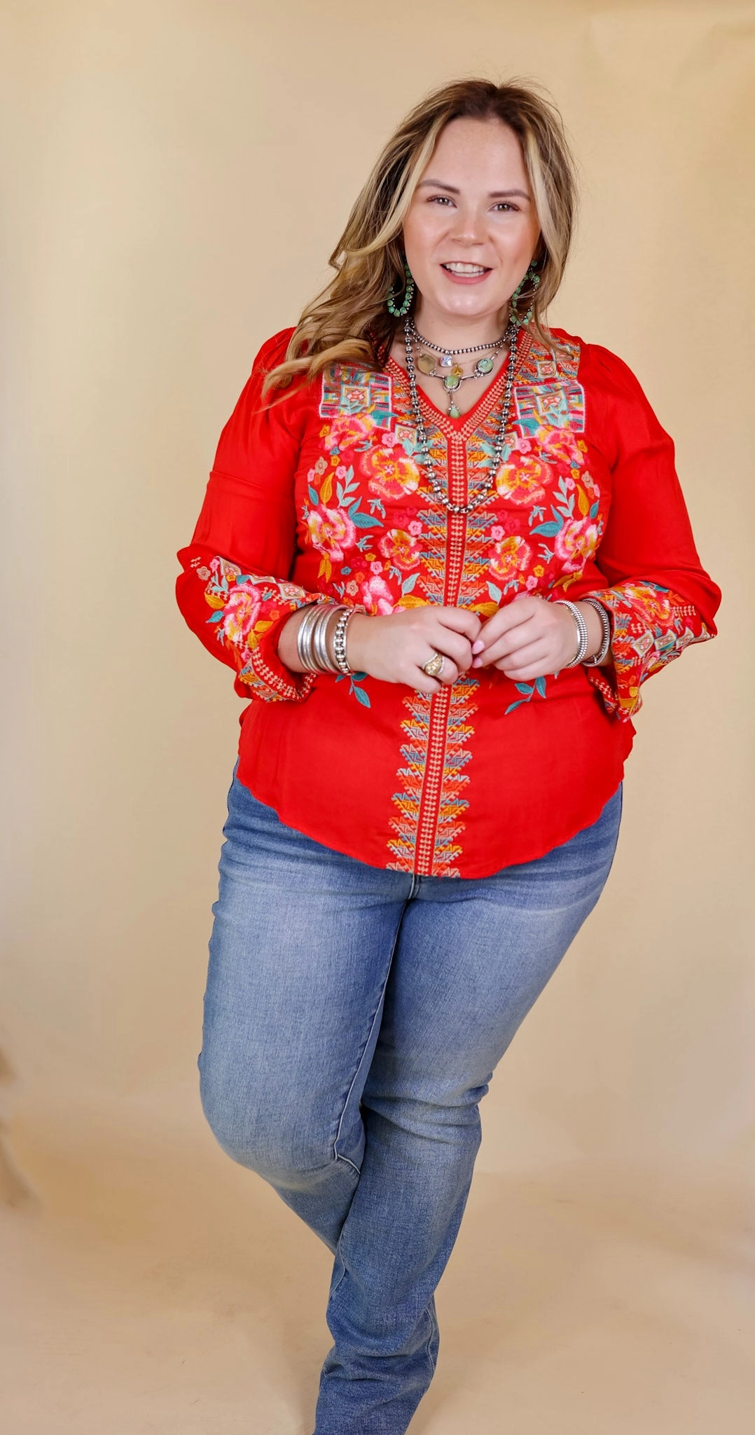 Brunch With Me Long Sleeve Embroidered Top with V Neckline in Red BreathableFabricTech Wrinkle Resistant Texture