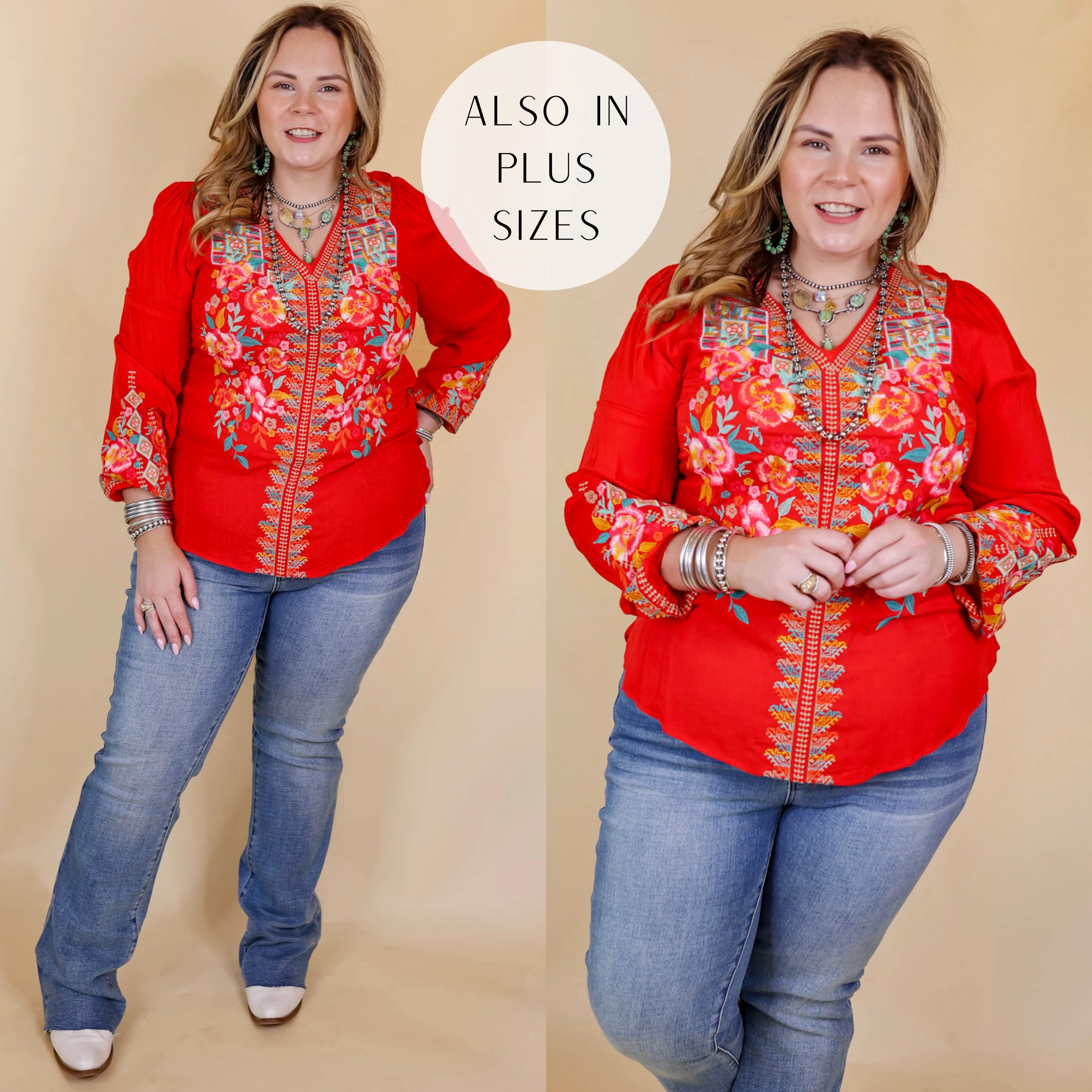 Brunch With Me Long Sleeve Embroidered Top with V Neckline in Red MicrofiberBlend