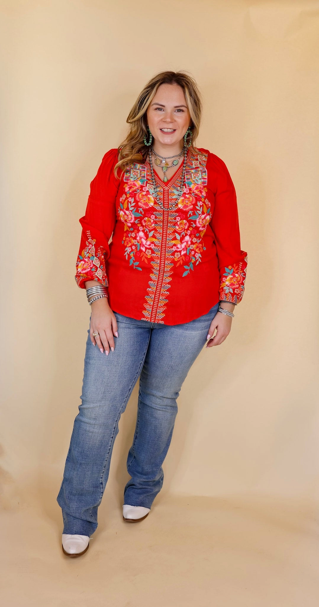 Brunch With Me Long Sleeve Embroidered Top with V Neckline in Red LowProfileZipperSystem Wrinkle Resistant Treatment