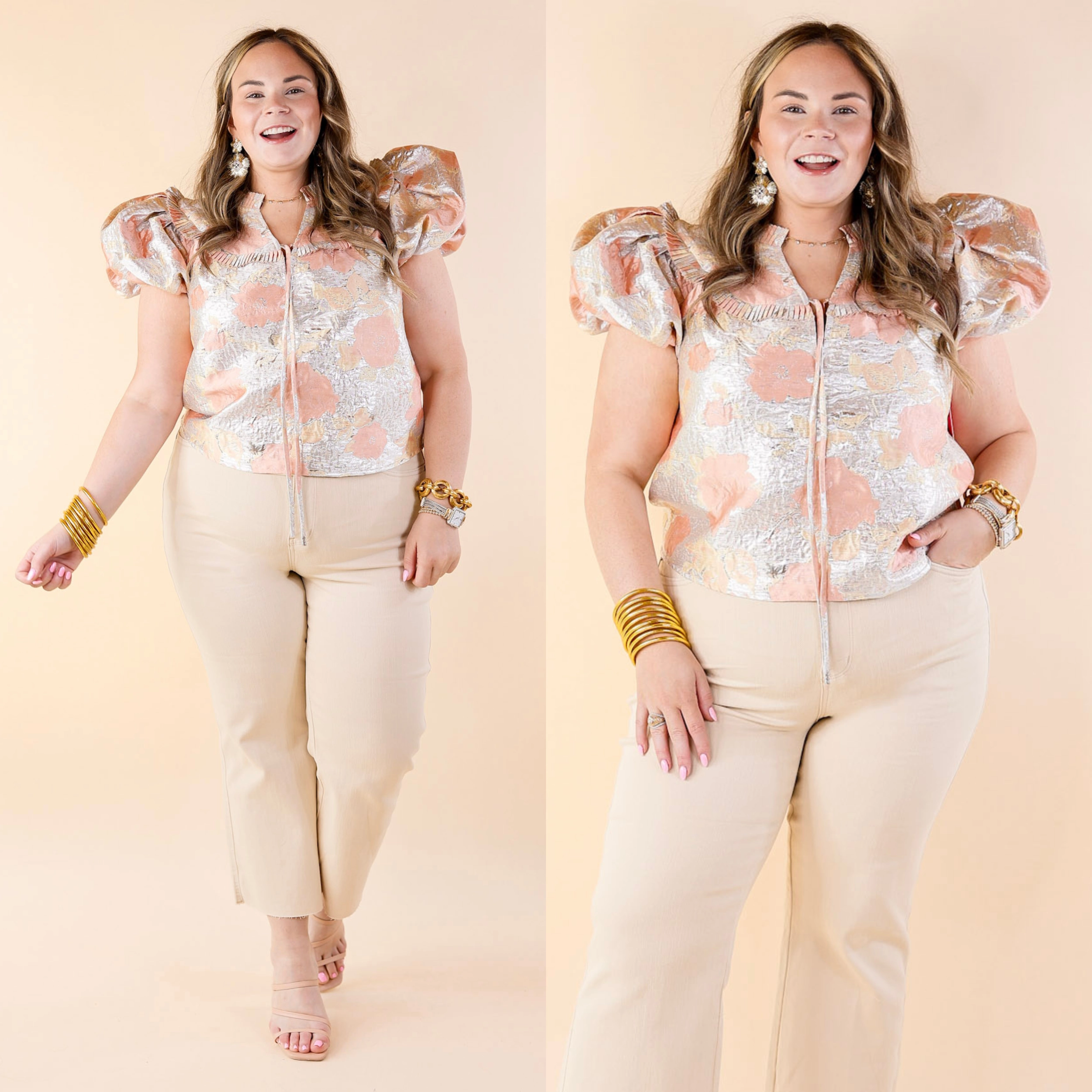 BuddyLove | Leeland Puff Sleeve Top in Sugar Cube (Silver and Peach) Adjustable Straps