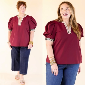 Standout Style V Neck Top with Short Balloon Sleeves and Leopard Print Trim in Maroon garden party Easy Wear