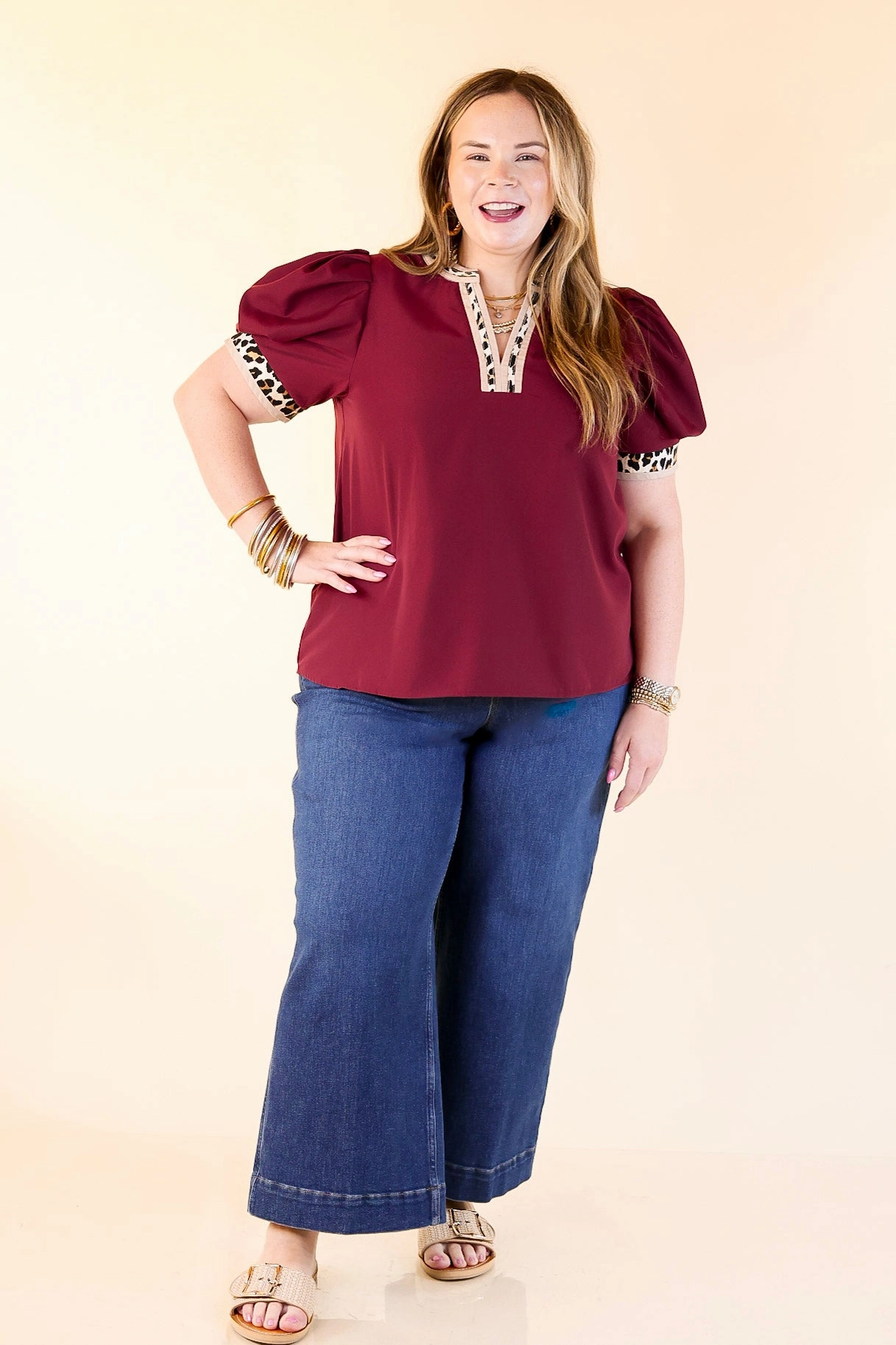 Non Irritating Seams Standout Style V Neck Top with Short Balloon Sleeves and Leopard Print Trim in Maroon