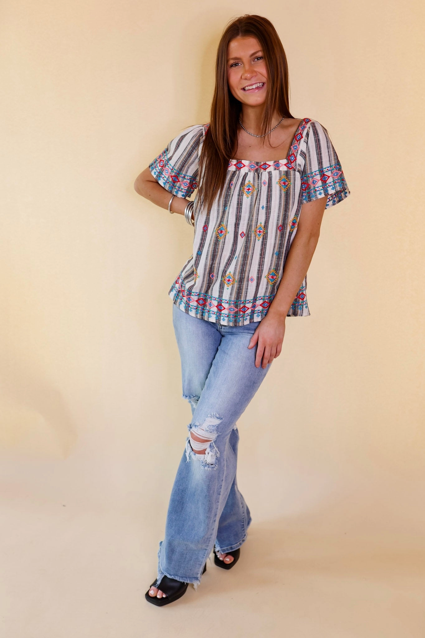 MoistureWicking Saga Fit Reaching Out Striped Square Neck Top with Tribal Embroidery in Ivory and Black