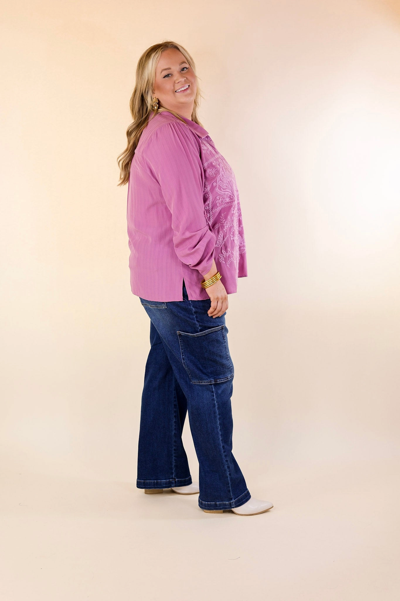 Sunny Garden Embroidered 3/4 Sleeve Top with Collared Neckline in Purple MidweightKnit