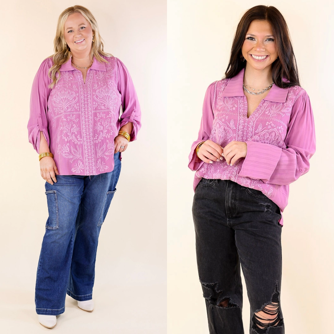 Street Style Sunny Garden Embroidered 3/4 Sleeve Top with Collared Neckline in Purple