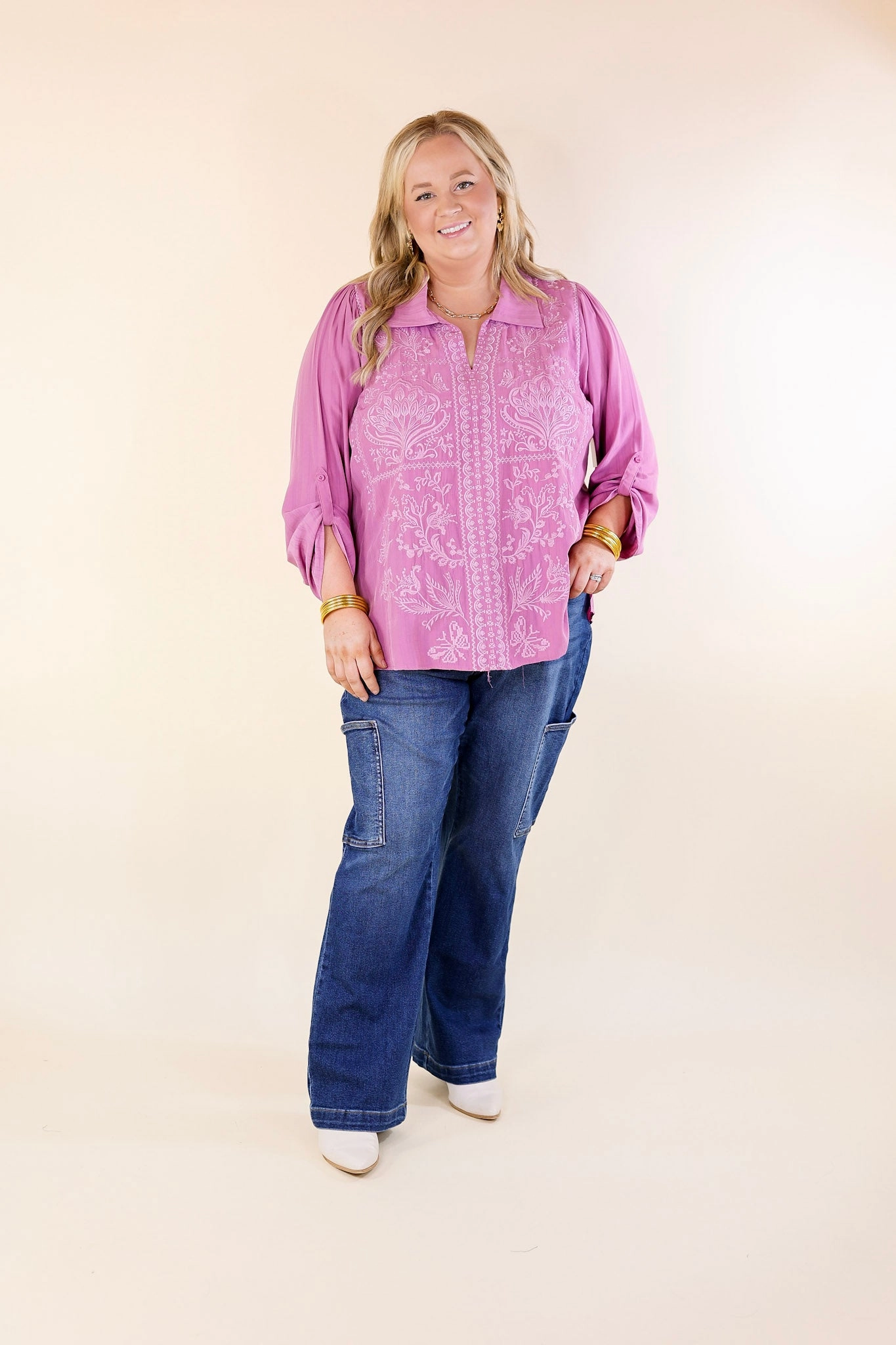 Sunny Garden Embroidered 3/4 Sleeve Top with Collared Neckline in Purple StretchableKnit