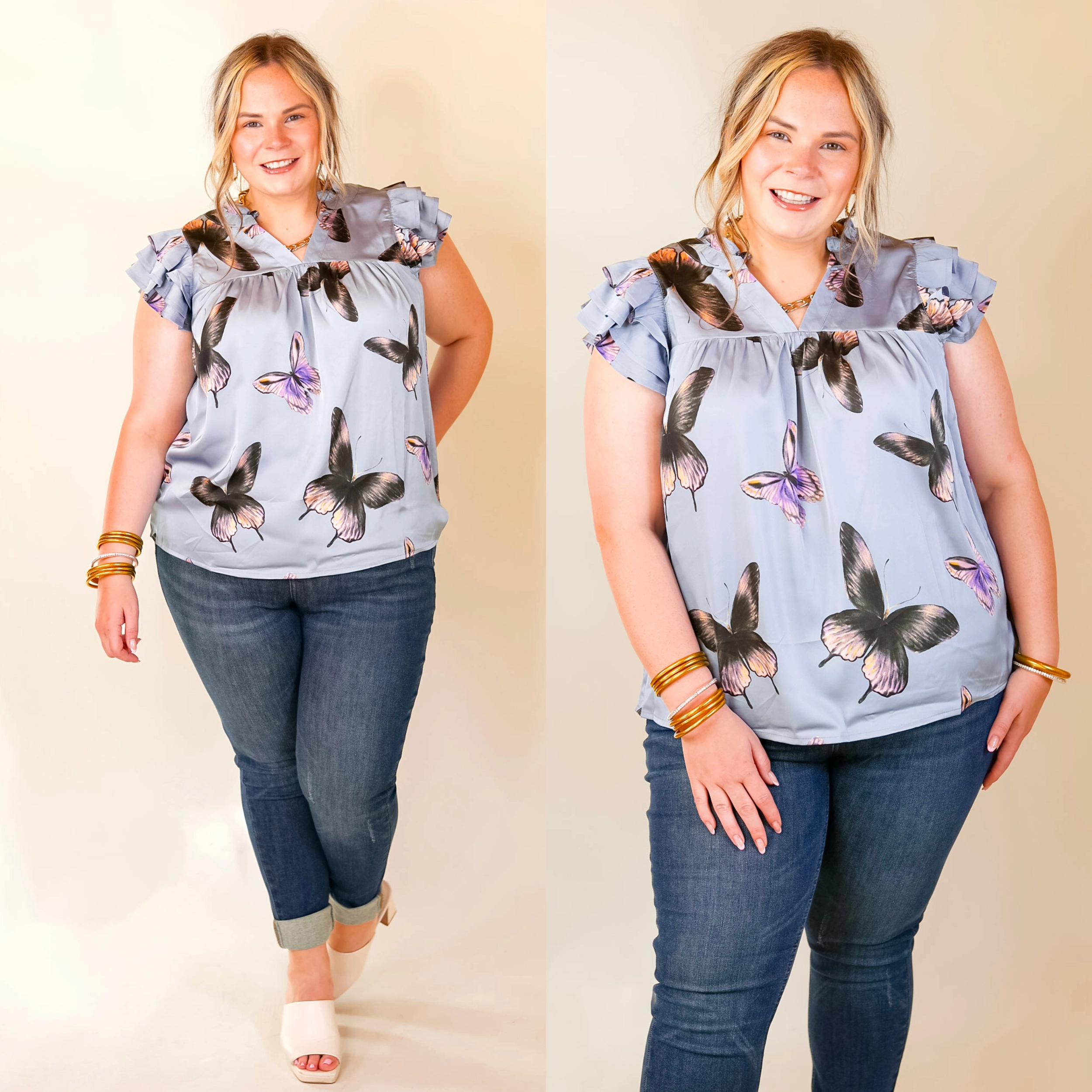 Resilient Elasticity Butterfly Fly Away Top with Butterfly Print in Muted Blue