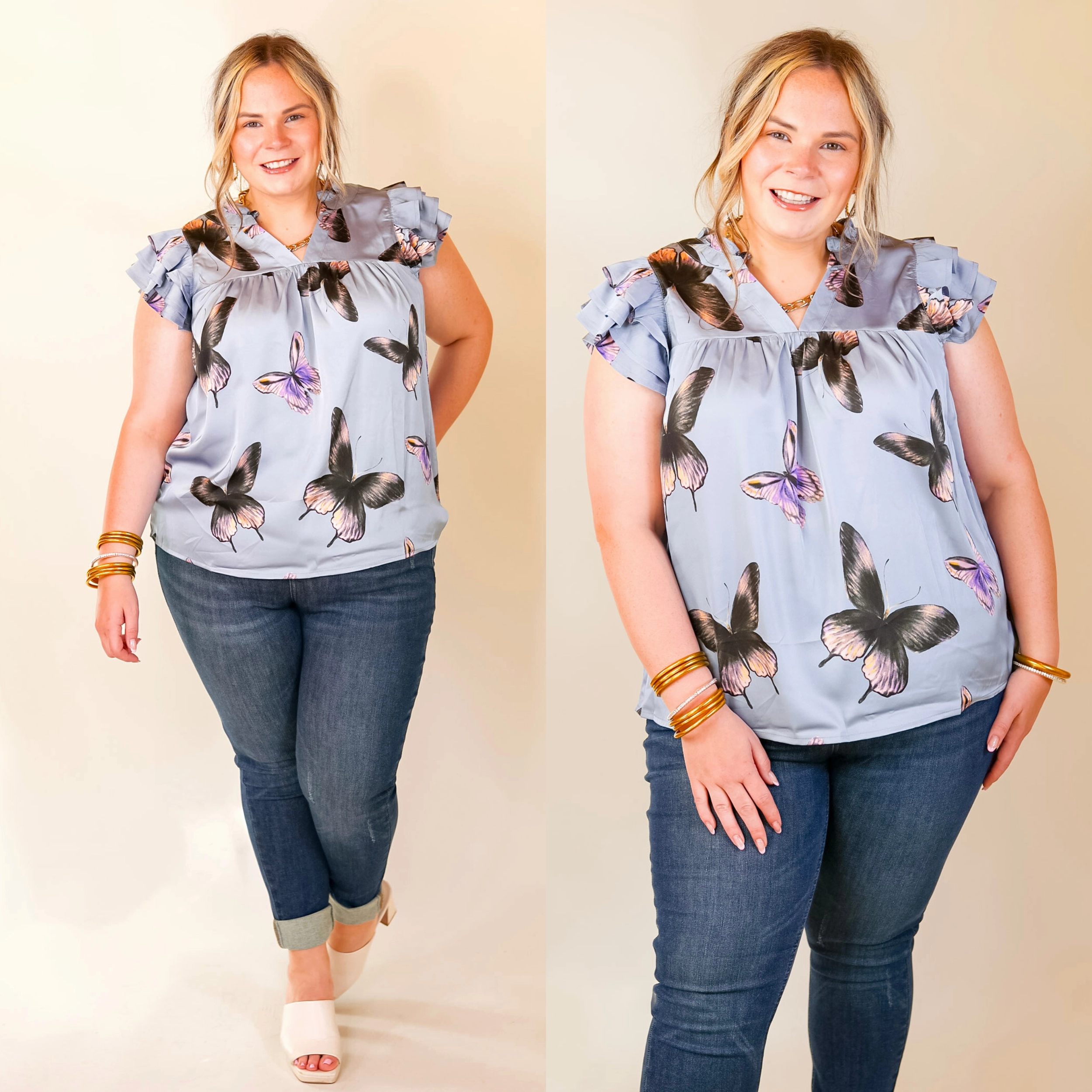 Butterfly Fly Away Top with Butterfly Print in Muted Blue EasyAdjustStraps Comfortable Jumpsuit