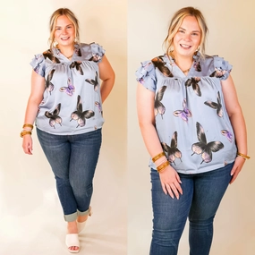 Butterfly Fly Away Top with Butterfly Print in Muted Blue EasyAdjustStraps Comfortable Jumpsuit