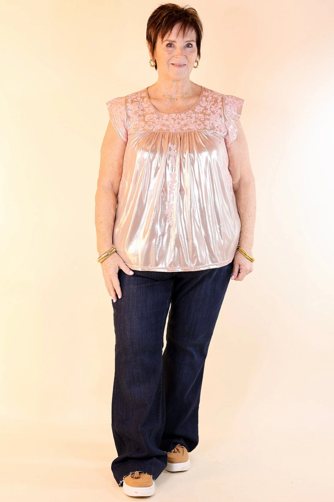 Thermal Insulation The Thrill Of It Floral Embroidered Metallic Top in Blush Pink