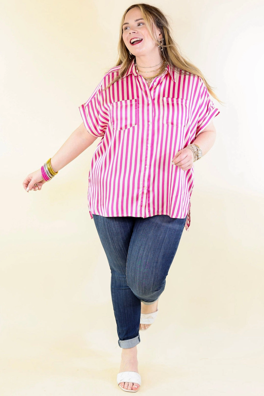Weekend Vibes Free To Be Fab Button Up Short Sleeve Striped Top in Pink