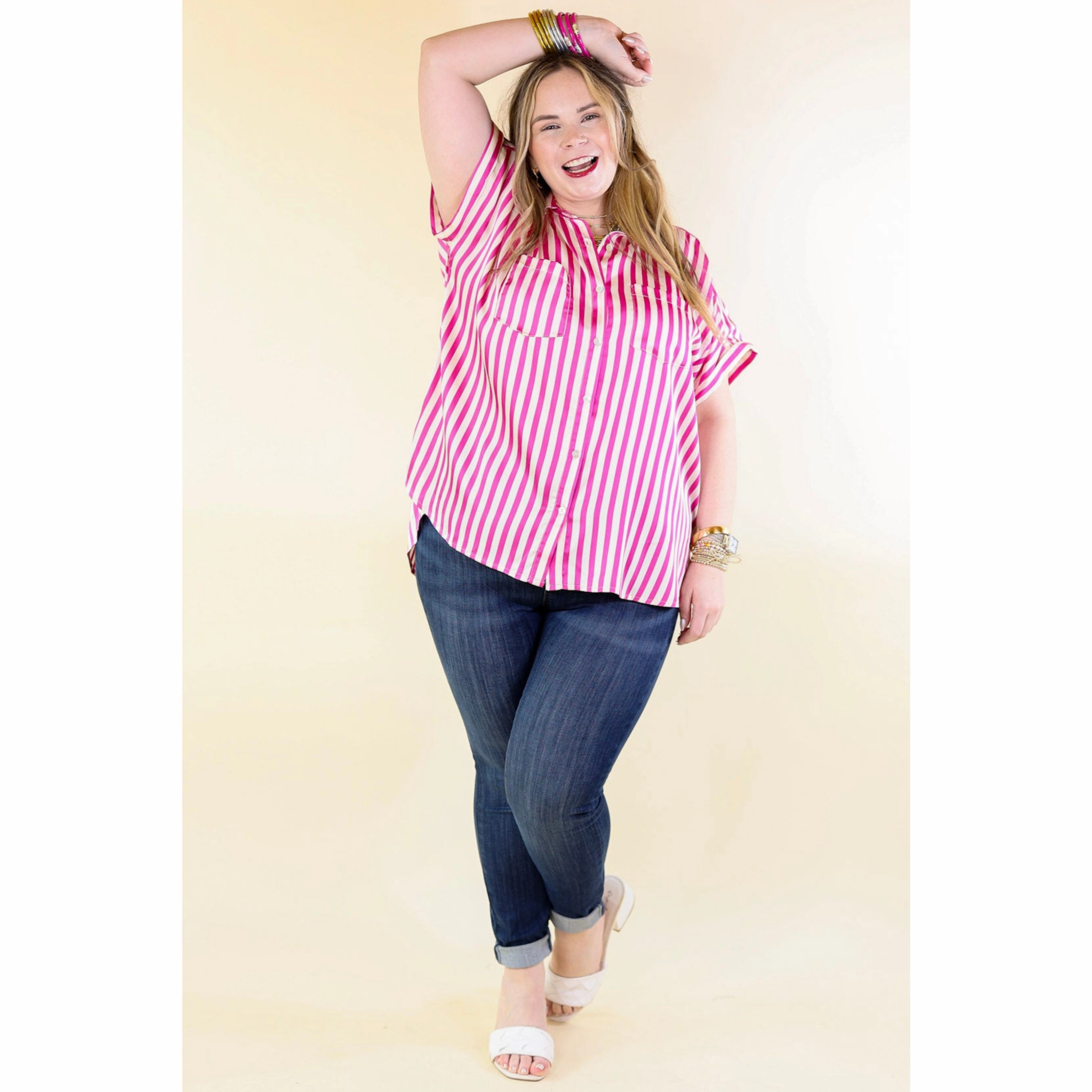 Comfort Wear Free To Be Fab Button Up Short Sleeve Striped Top in Pink