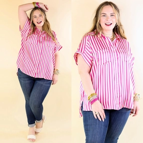 Free To Be Fab Button Up Short Sleeve Striped Top in Pink Casual Fit High-Quality Material