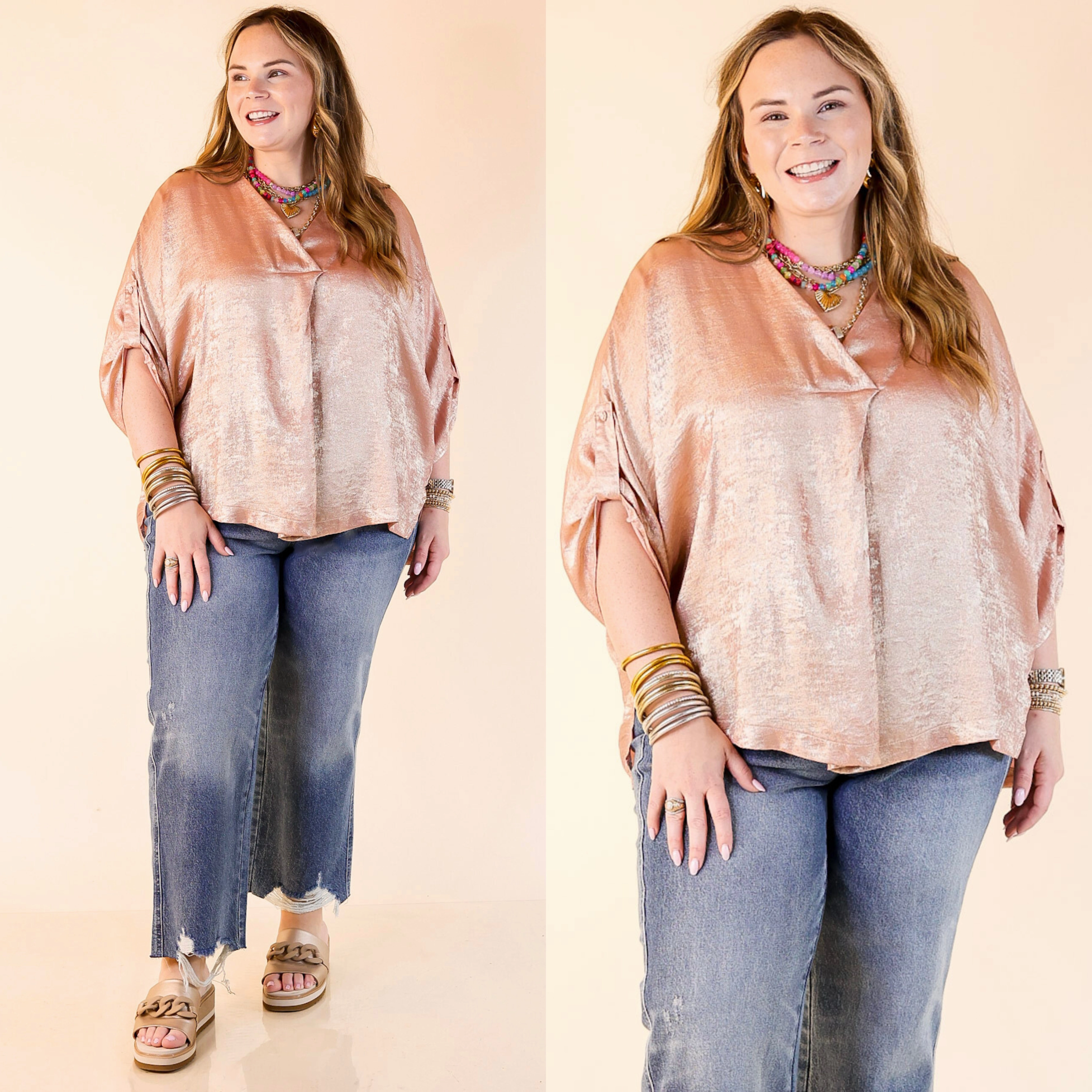Functional Jacket Gleam and Glow Metallic V Neck Top with 3/4 Sleeves in Rose Gold Pink