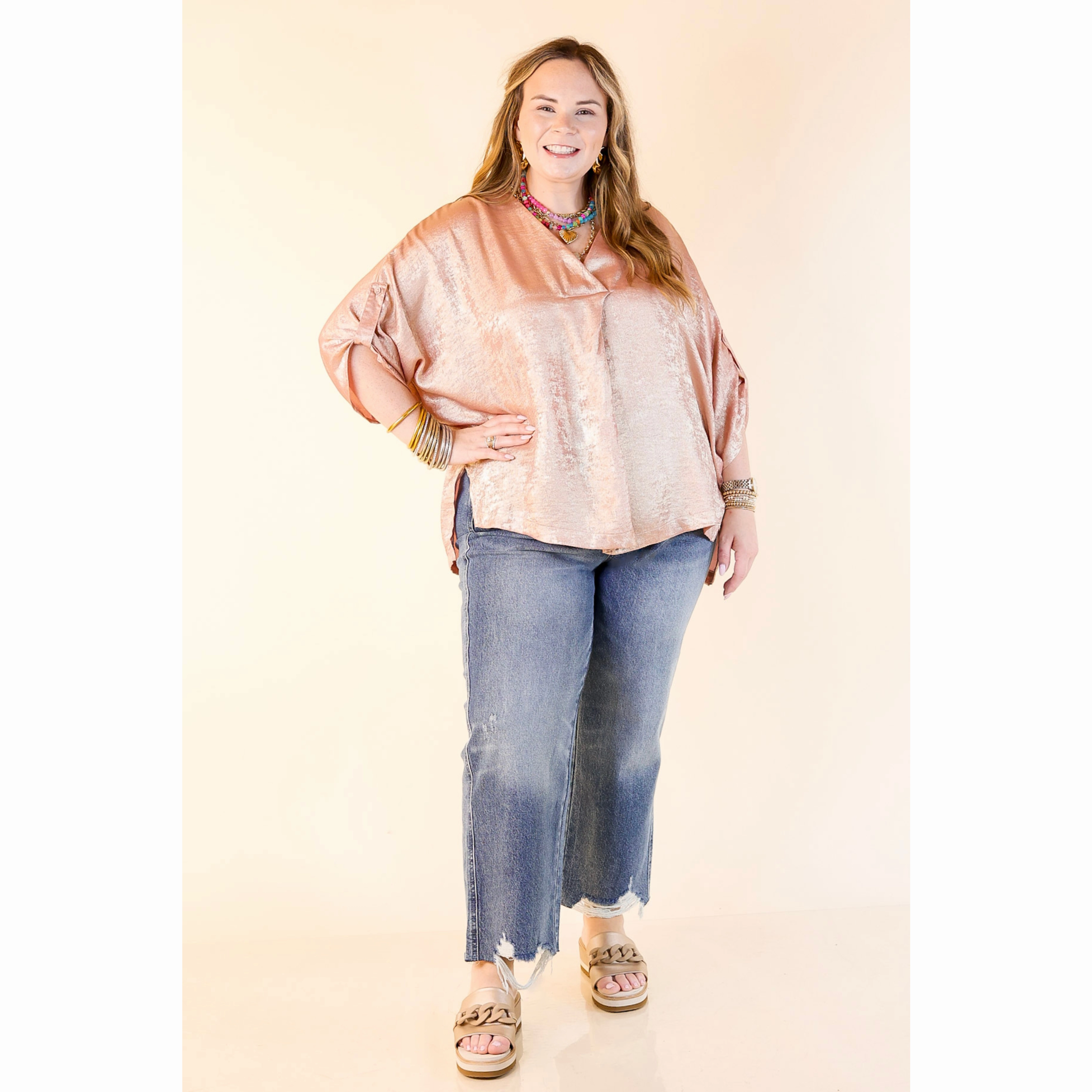 Mesh Insert Gleam and Glow Metallic V Neck Top with 3/4 Sleeves in Rose Gold Pink