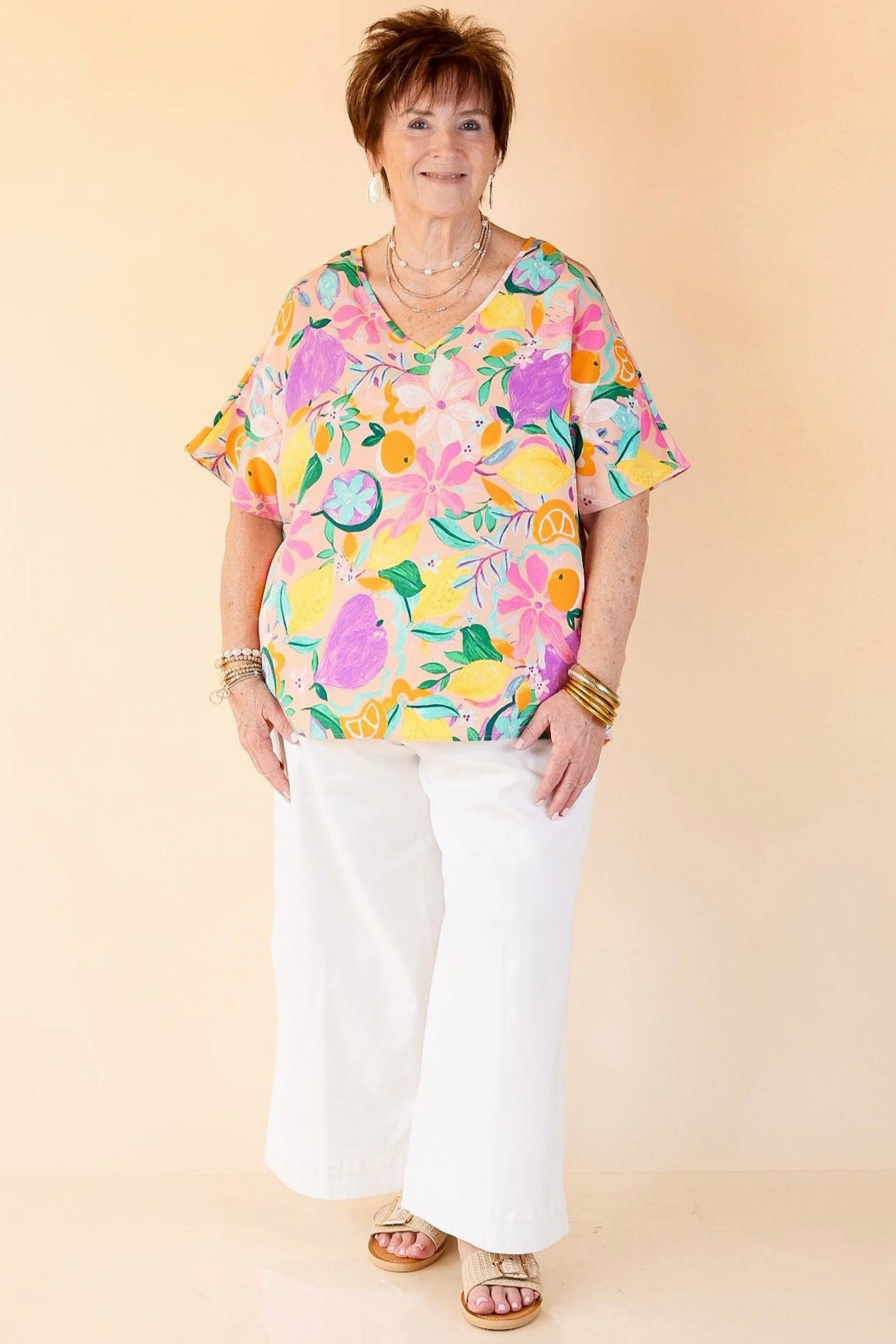 Flexible Mobility Majestic Moment V Neck Fruit Print Poncho Top in Blush Pink