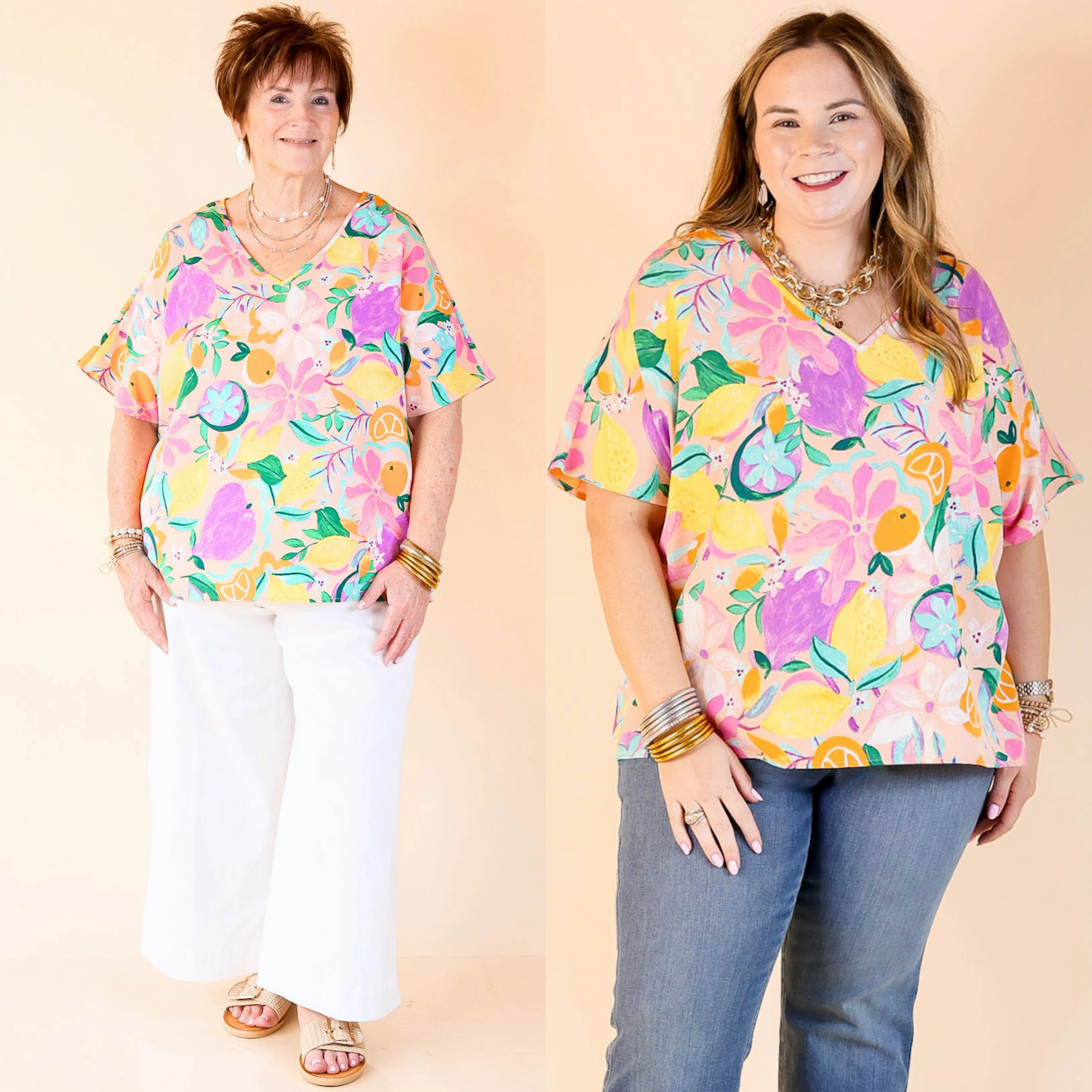 Breathable Comfort comfortable option Majestic Moment V Neck Fruit Print Poncho Top in Blush Pink