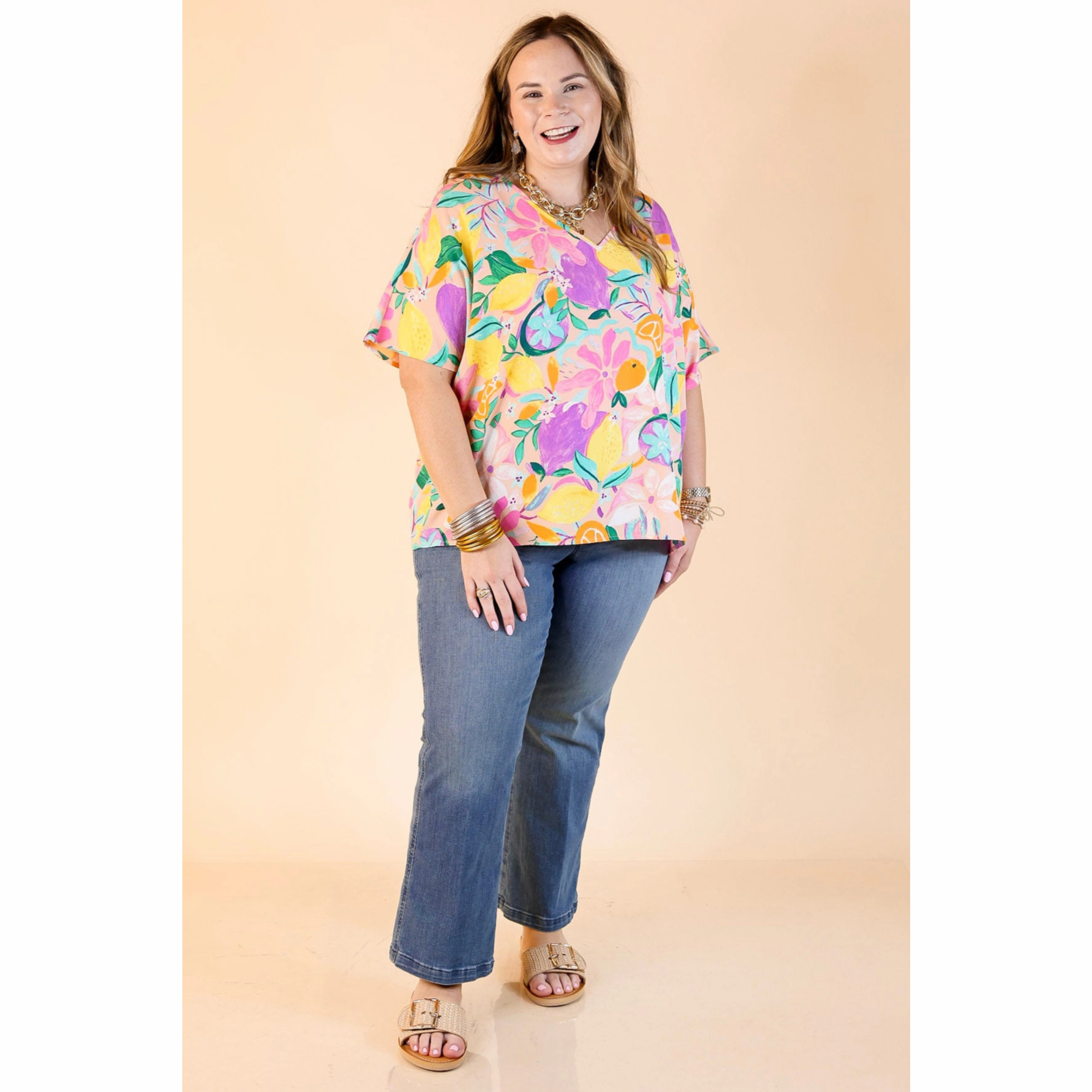 Holiday Travel Majestic Moment V Neck Fruit Print Poncho Top in Blush Pink