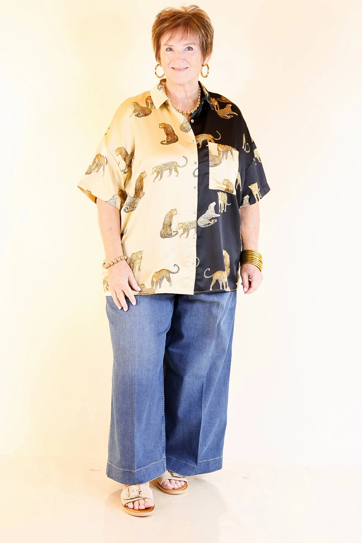 All Eyes On Me Button Up Cheetah Print Blouse Top in Black and Gold Classic Comfort