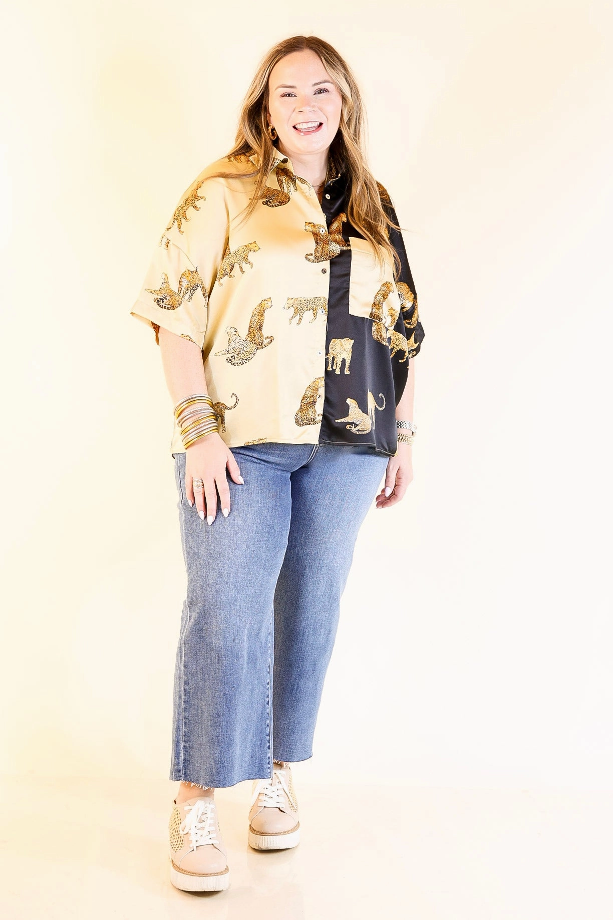 Cooling Core Technology handmade touch All Eyes On Me Button Up Cheetah Print Blouse Top in Black and Gold