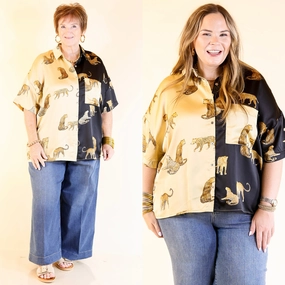 All Eyes On Me Button Up Cheetah Print Blouse Top in Black and Gold Preppy Vibe