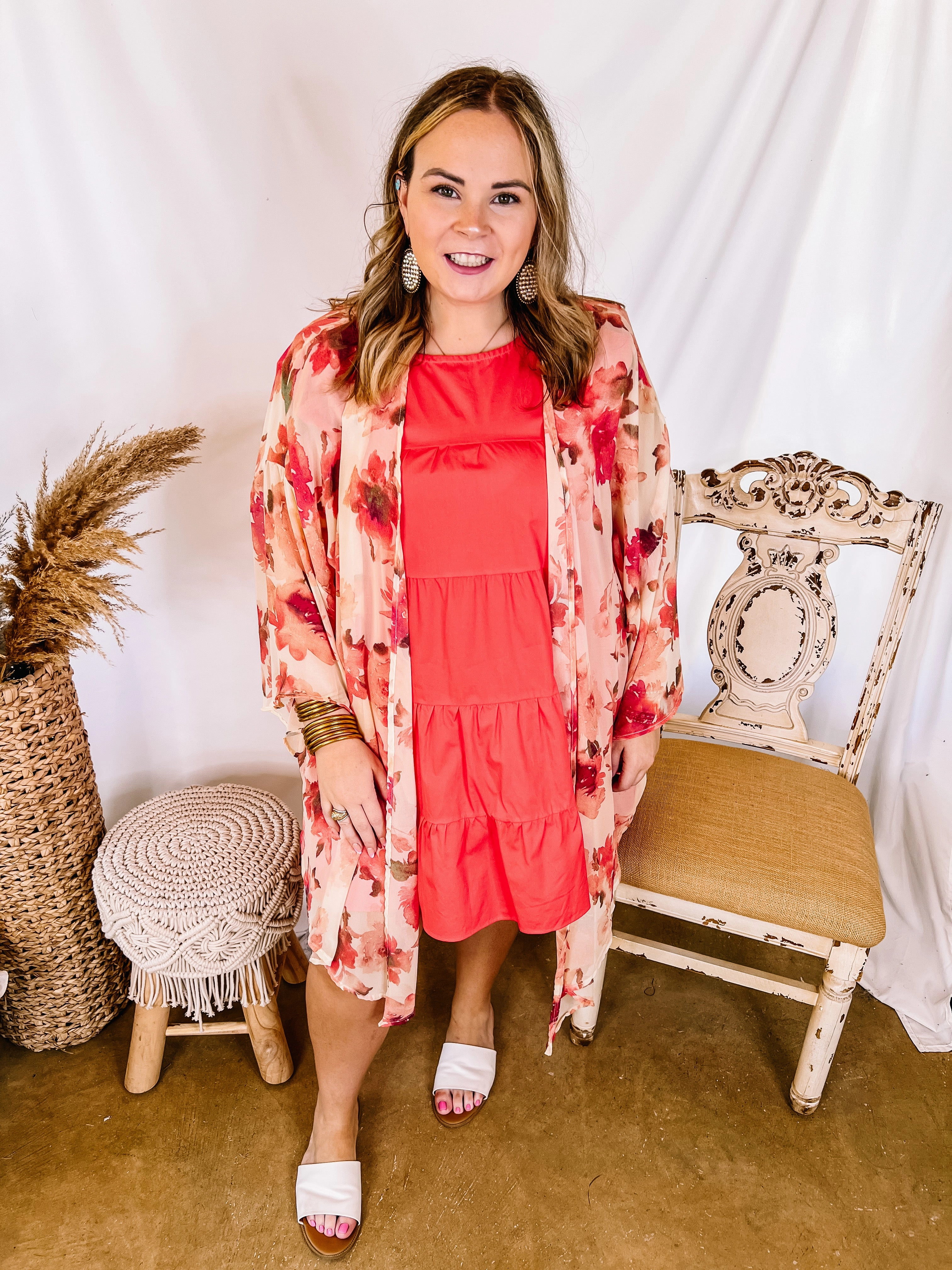 Cabana Hour Open Front Floral Kimono in Ivory and Pink Tagless Design