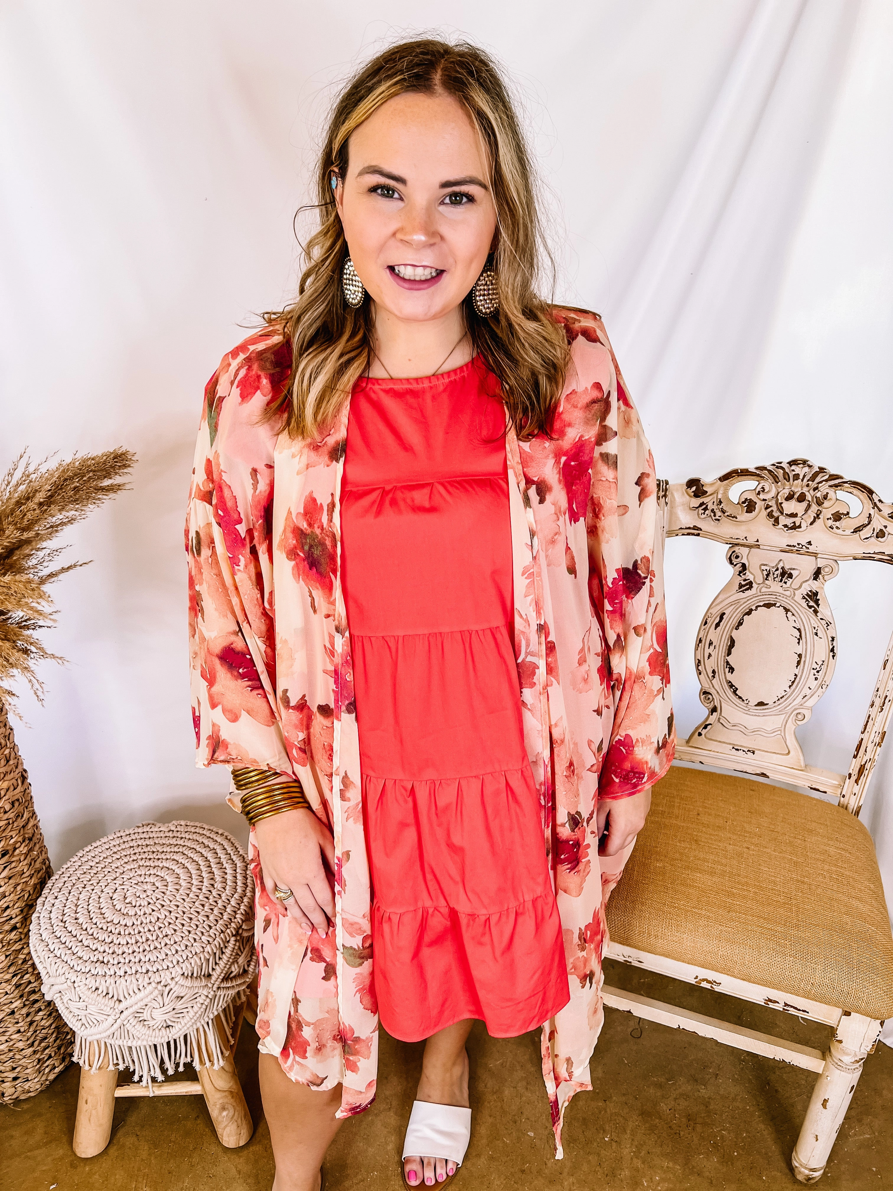 Youth Glow Cabana Hour Open Front Floral Kimono in Ivory and Pink