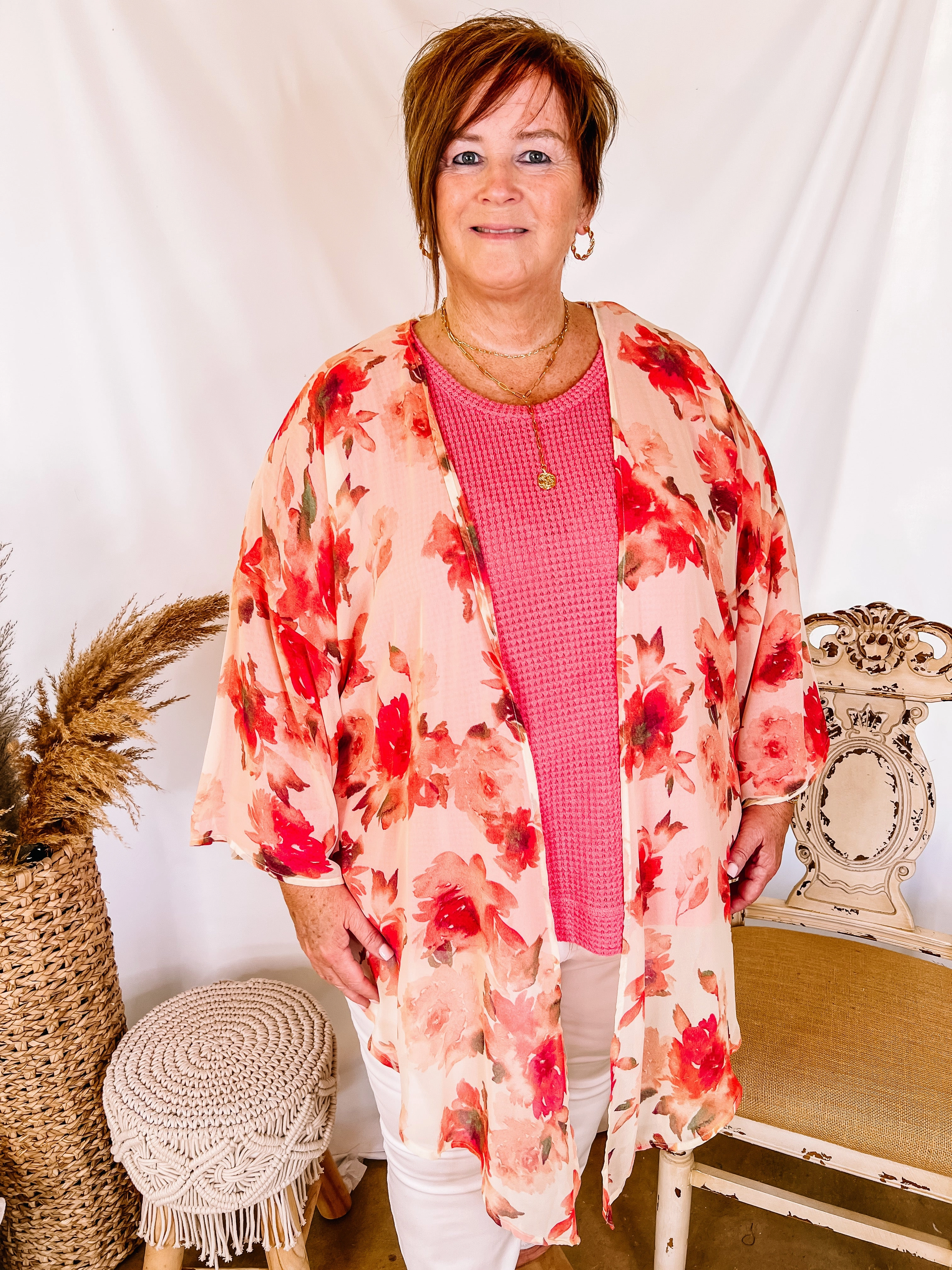 Cabana Hour Open Front Floral Kimono in Ivory and Pink casual top