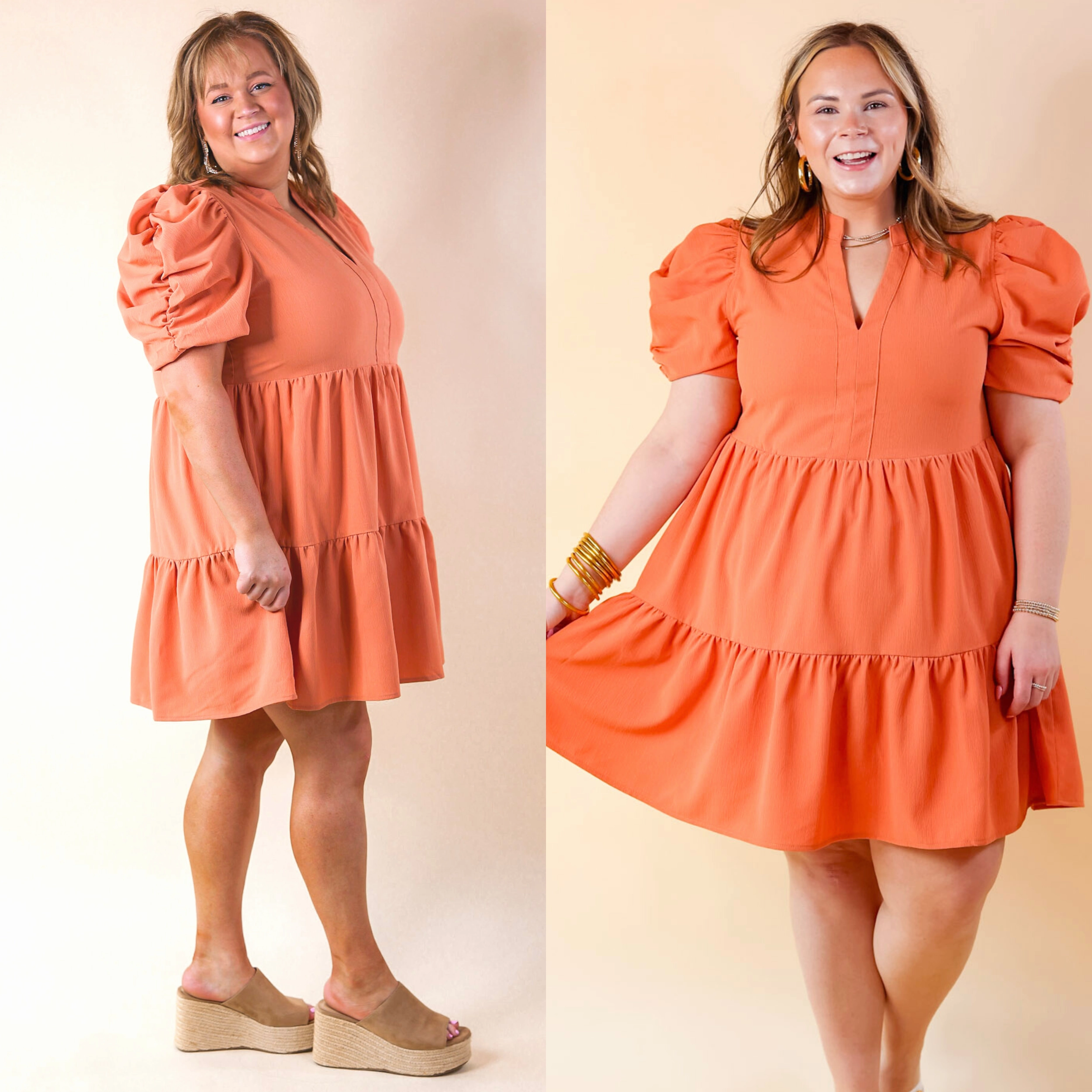 Comfortable Layer Call Me Chic Balloon Sleeve Short Dress in Salmon Orange