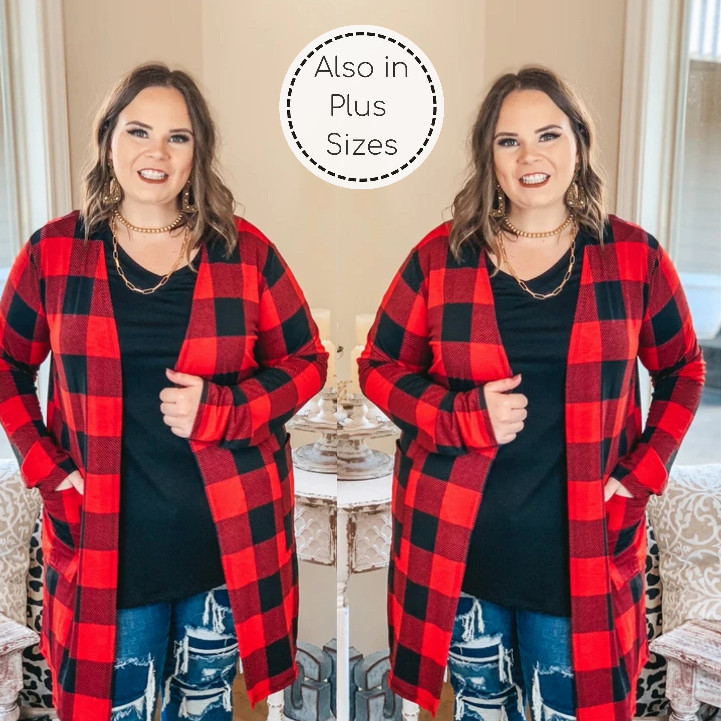 Office Glam Fashion Core Call You Mine Buffalo Plaid Long Sleeve Cardigan with Pockets in Red