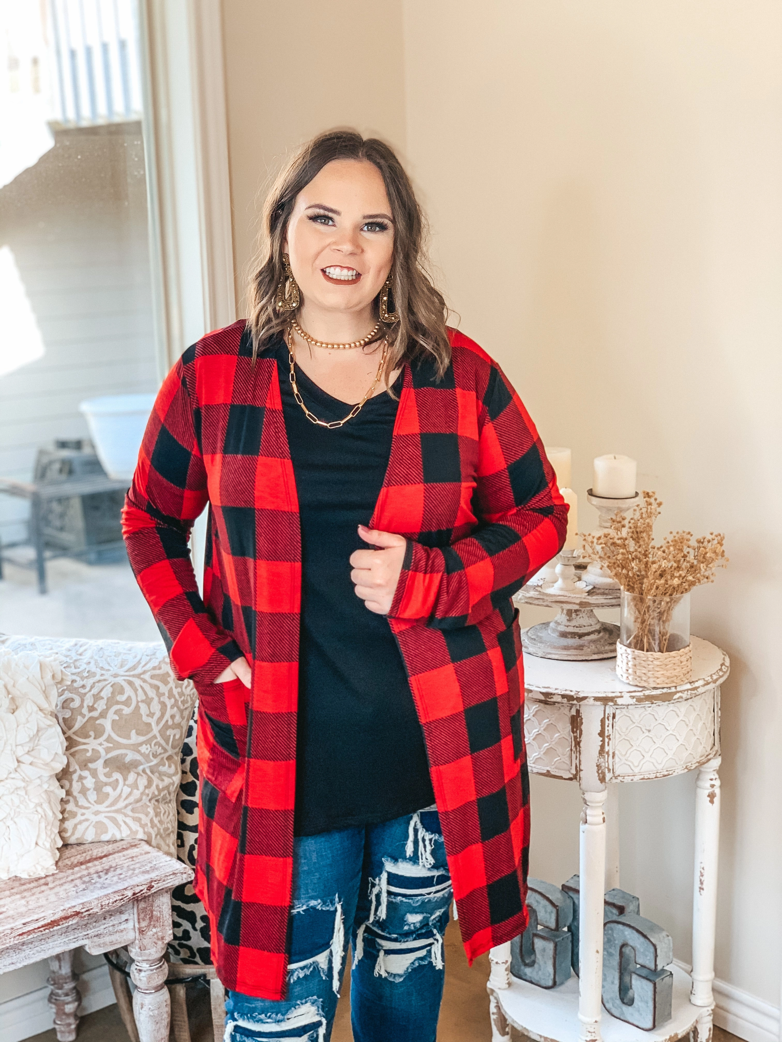 Call You Mine Buffalo Plaid Long Sleeve Cardigan with Pockets in Red Summer Outerwear
