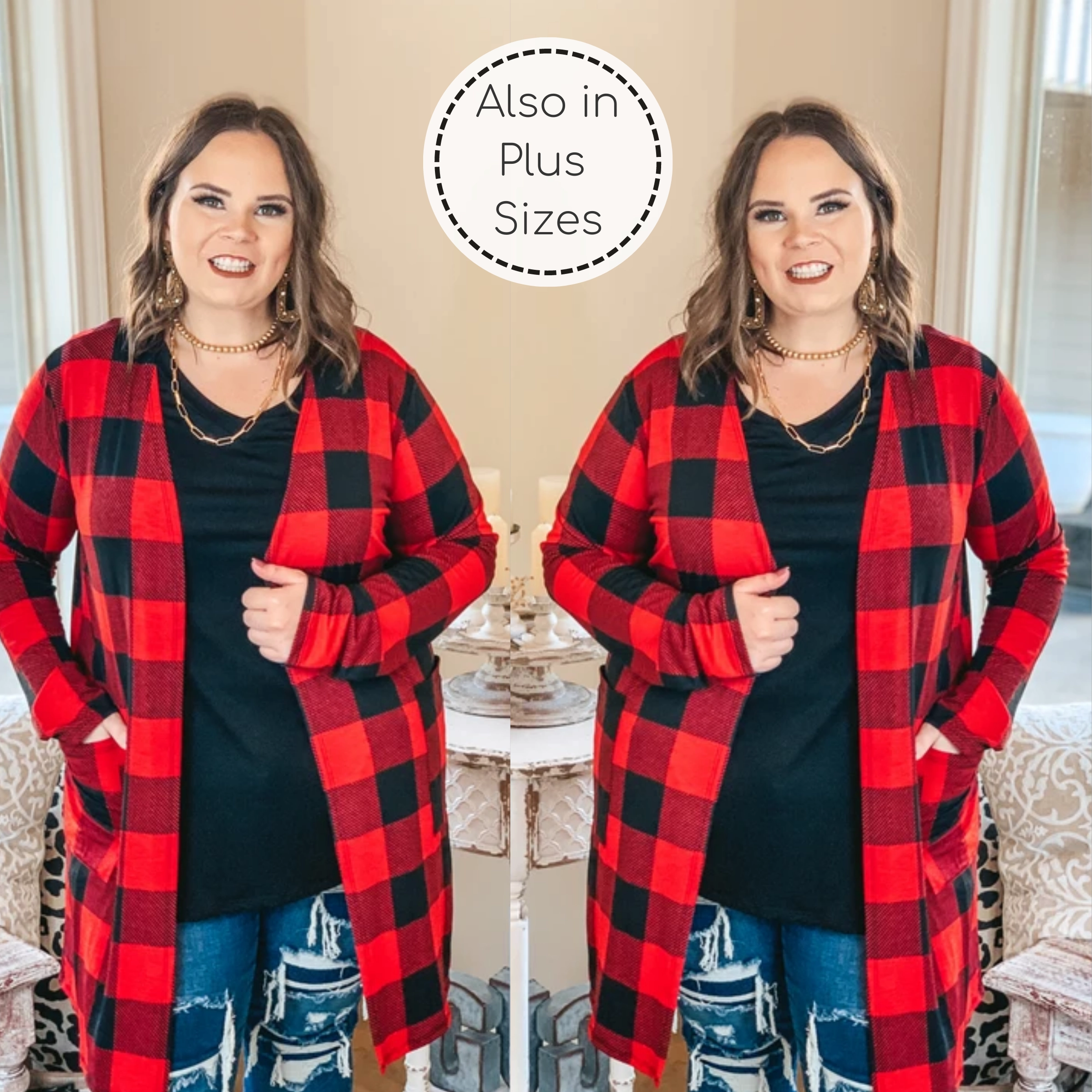 Call You Mine Buffalo Plaid Long Sleeve Cardigan with Pockets in Red Brave Fit