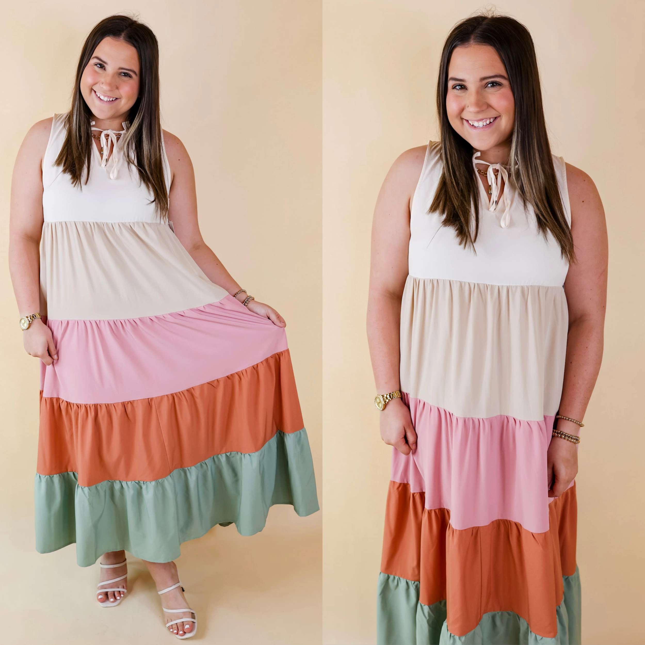 Calm Waters High Neck Tiered Maxi Dress in Cream Mix Spirit Glow