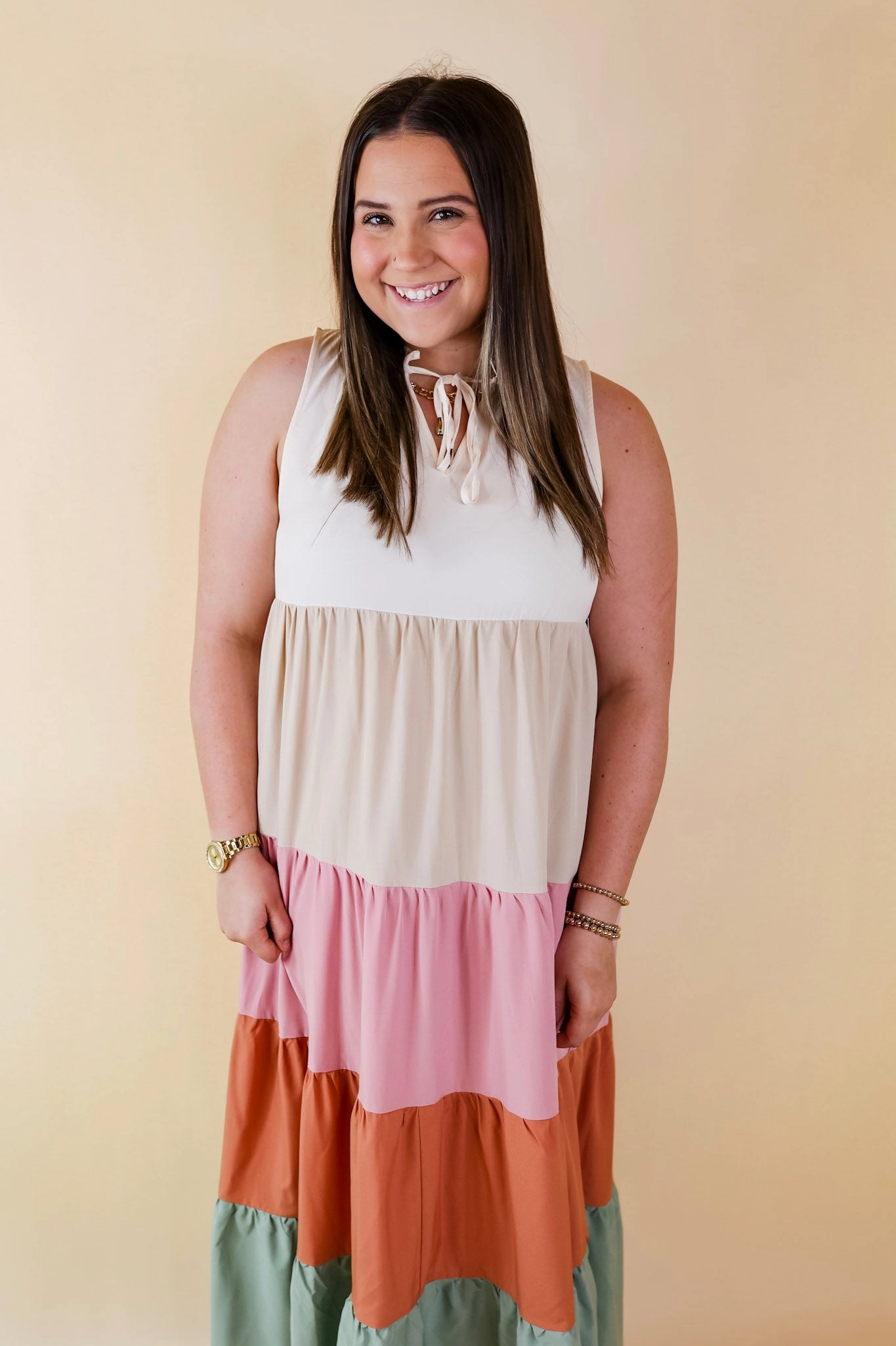 QuickRelease Closures Calm Waters High Neck Tiered Maxi Dress in Cream Mix