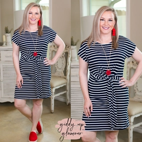 Fairy Core Picnic Fun First in Line Drop Shoulder Striped Dress with Waist Tie Detail in Navy Blue
