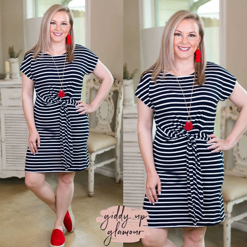 Fairy Core Picnic Fun First in Line Drop Shoulder Striped Dress with Waist Tie Detail in Navy Blue