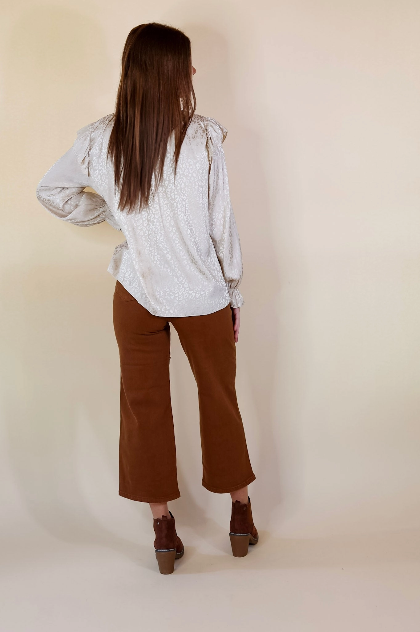 Flexible Joints Lightweight Fabric Can't Stop Me Ruffle Mock Neck Long Sleeve Leopard Print Satin Top in Ivory