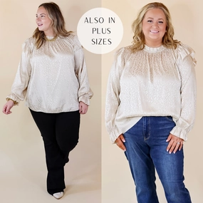 Adjustable drawstring Can't Stop Me Ruffle Mock Neck Long Sleeve Leopard Print Satin Top in Ivory