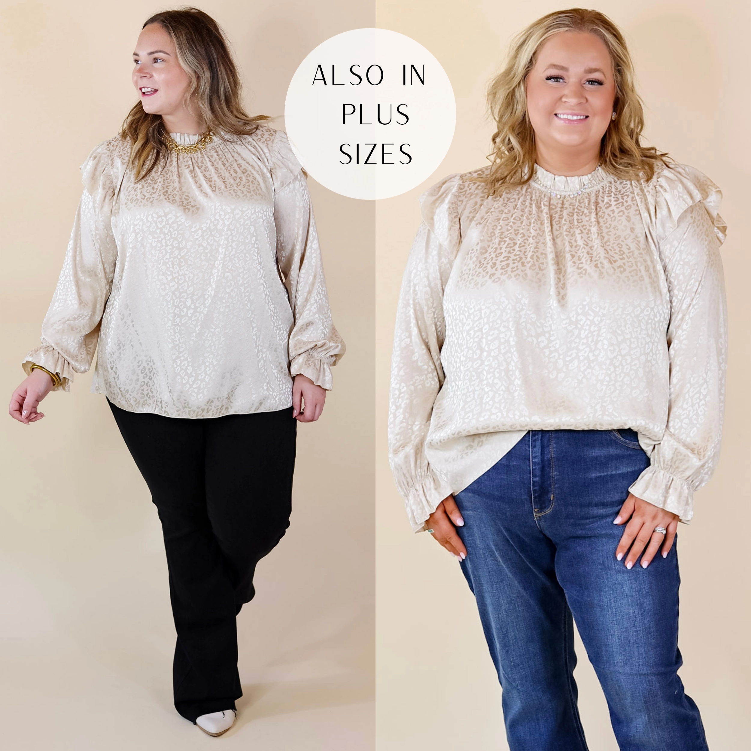 Adjustable drawstring Can't Stop Me Ruffle Mock Neck Long Sleeve Leopard Print Satin Top in Ivory