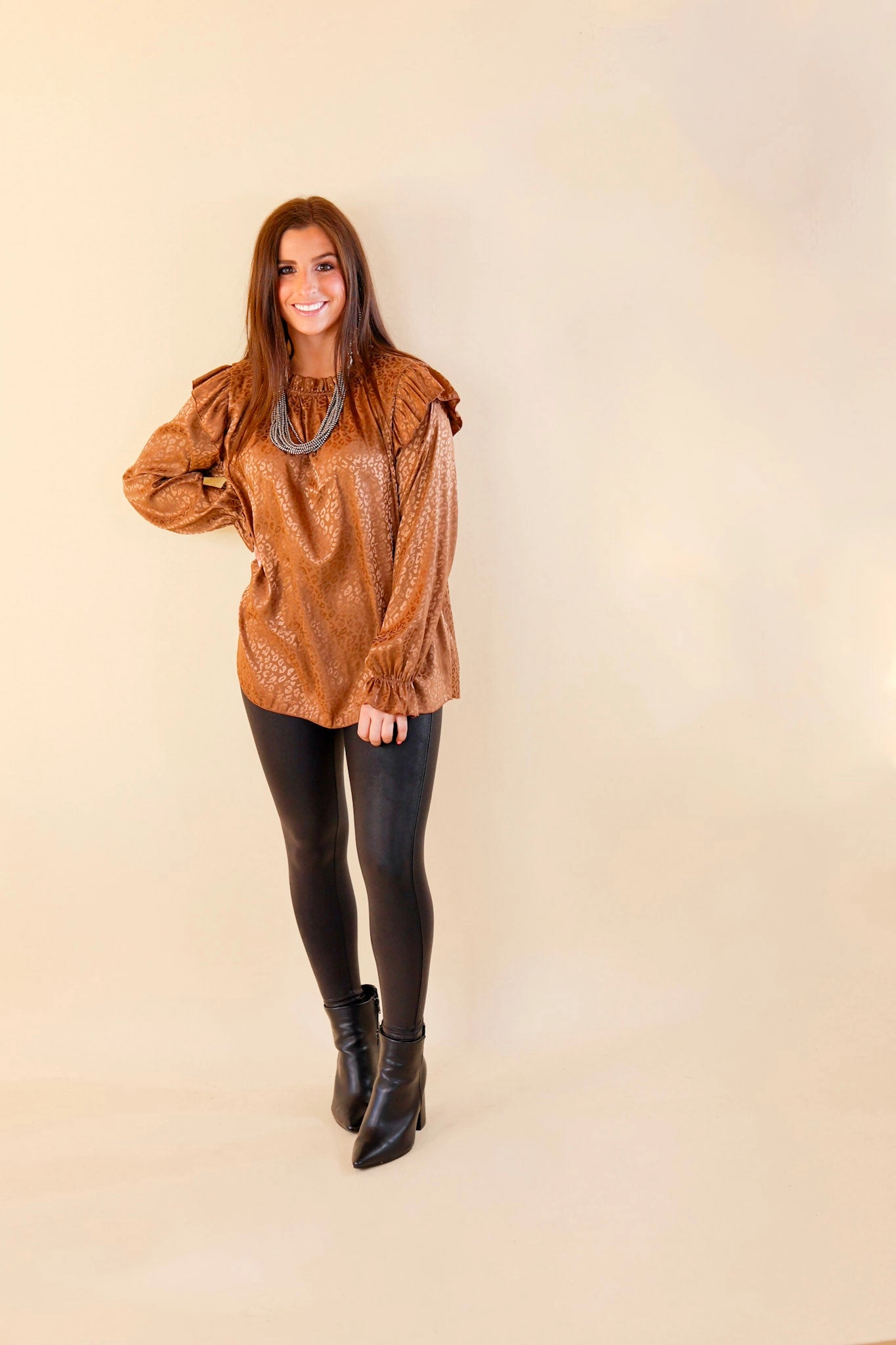 MultiDirectionalFlex Can't Stop Me Ruffle Mock Neck Long Sleeve Leopard Print Satin Top in Taupe