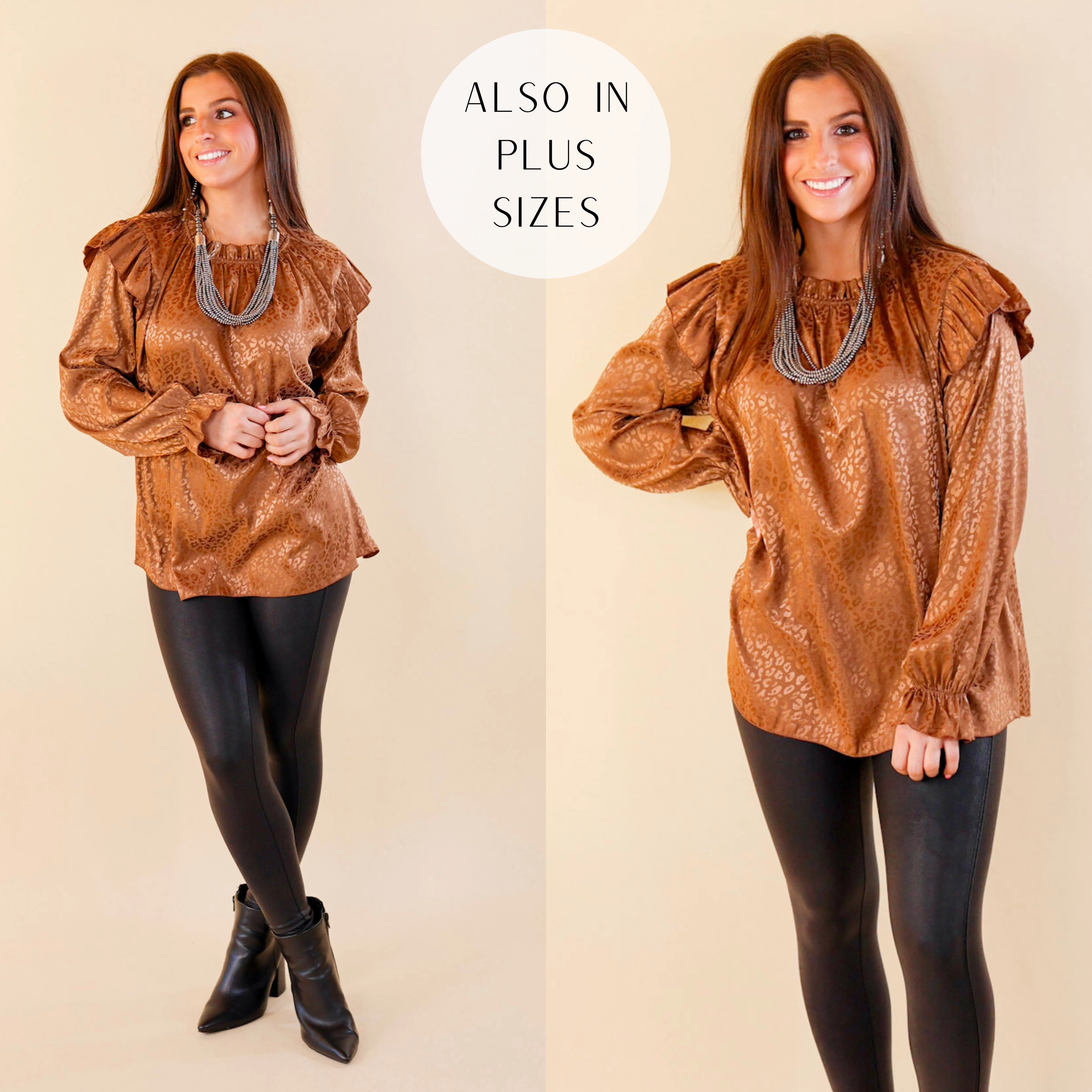 Can't Stop Me Ruffle Mock Neck Long Sleeve Leopard Print Satin Top in Taupe Story Glow Romance Air