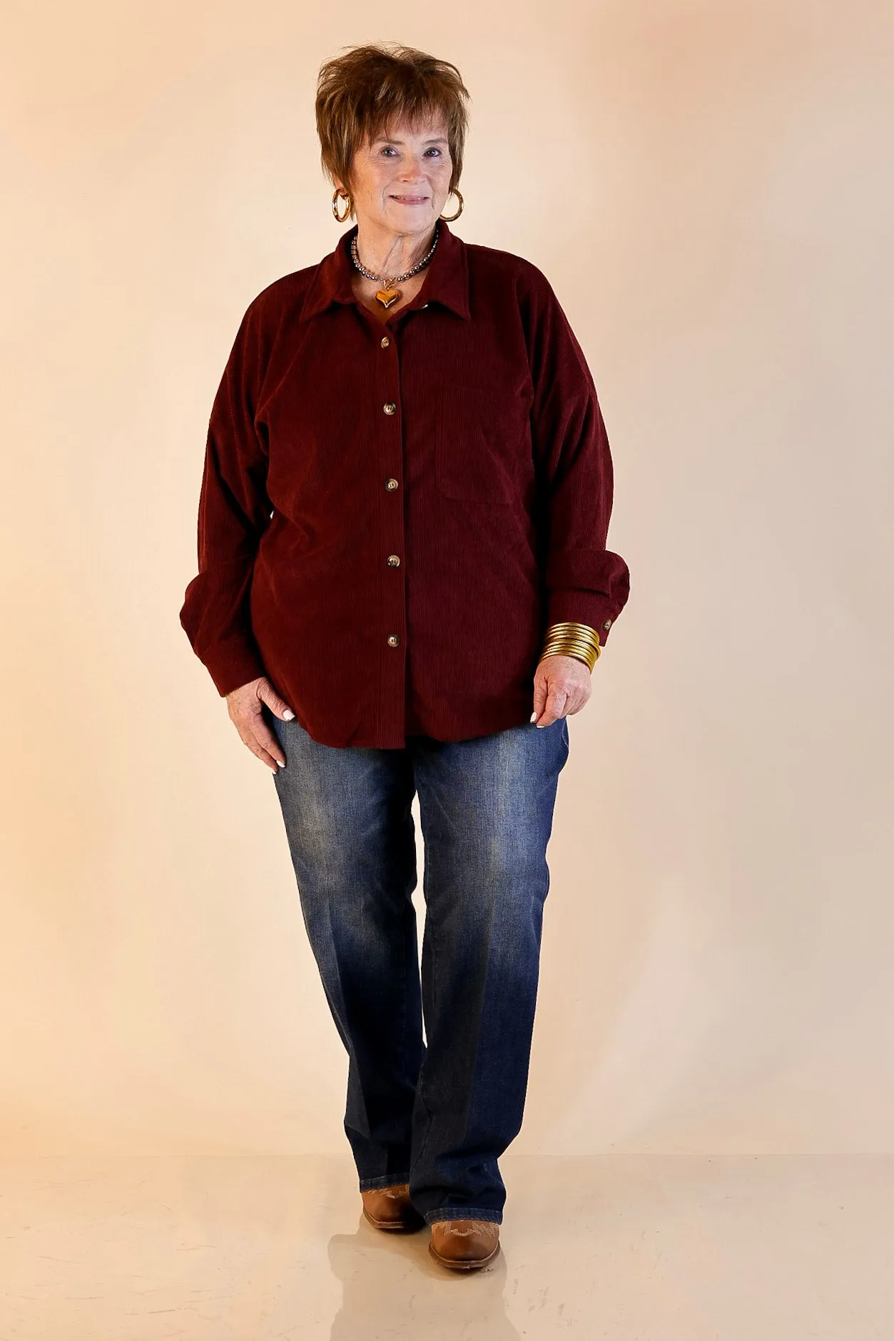 Captivating Cuteness Corduroy Button Up Shacket in Maroon Layered Collar Design